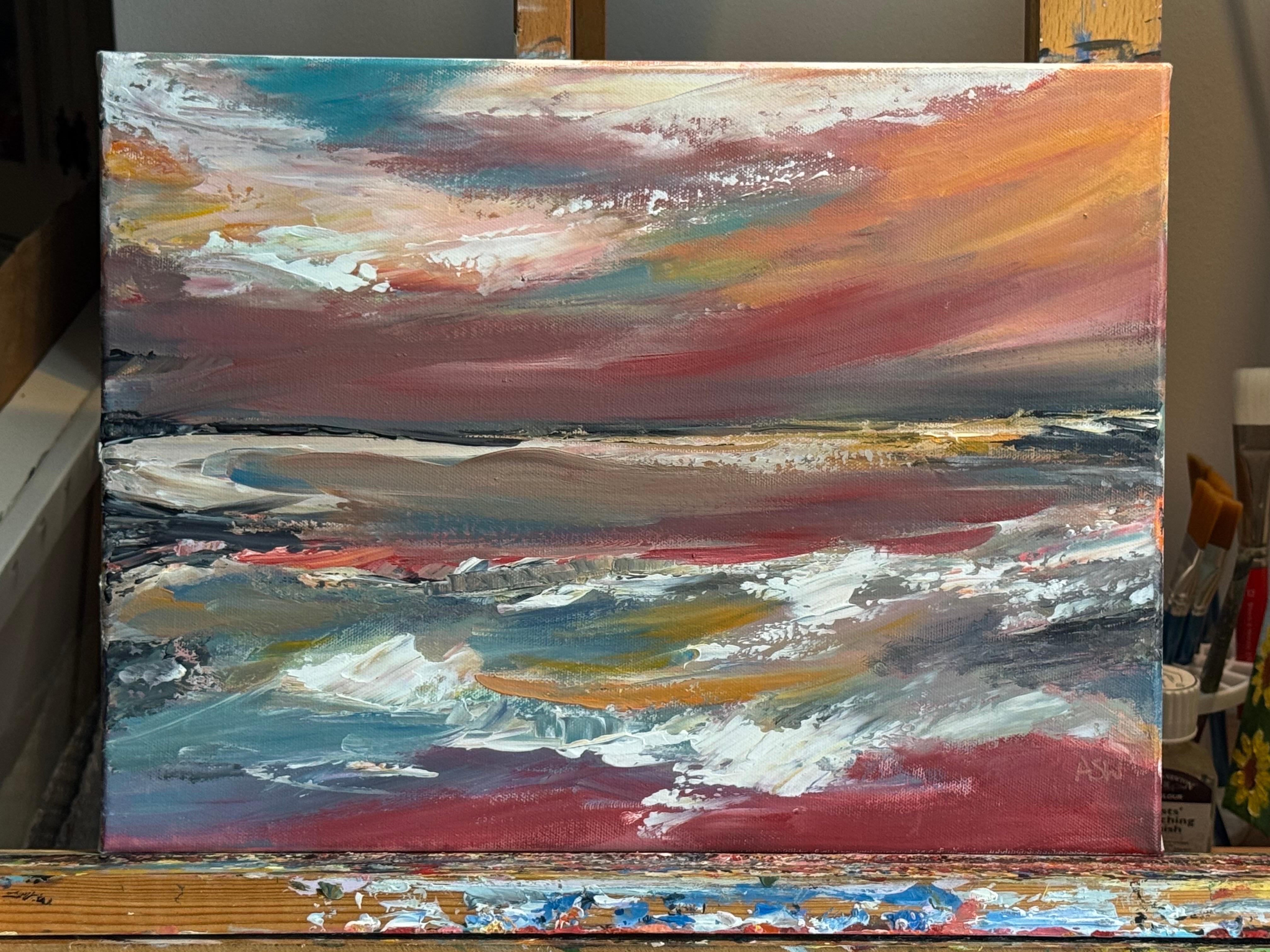 Vivid seascape where turbulent waves meet a glowing horizon of shifting light For Sale 1