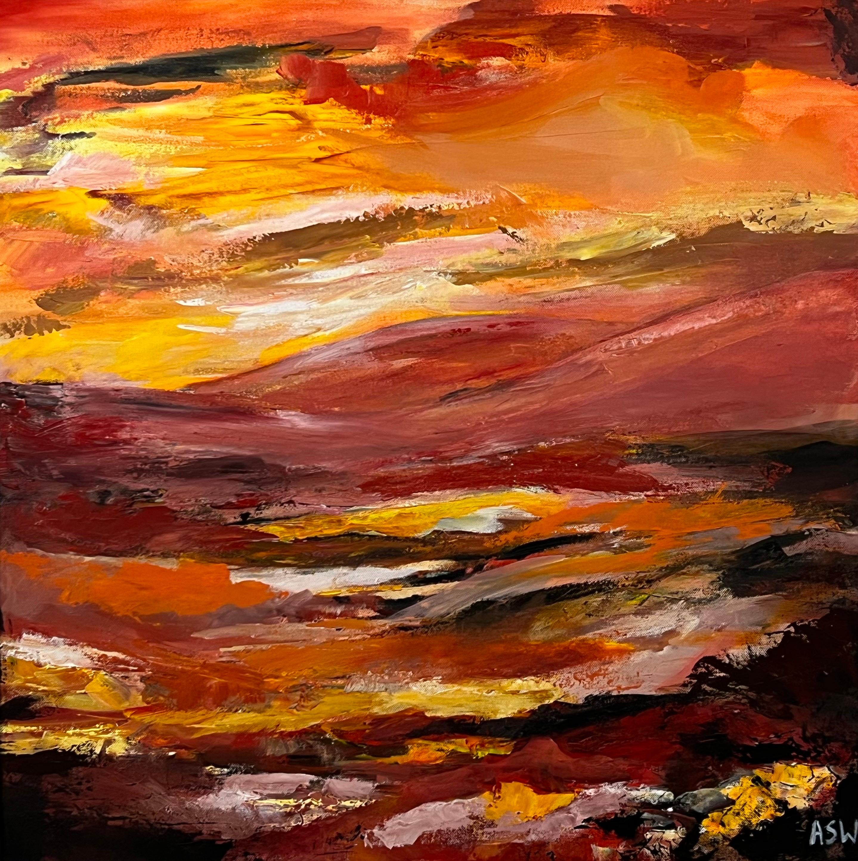 Pittura di paesaggio astratto rosso e giallo caldo di un artista britannico contemporaneo in vendita 9