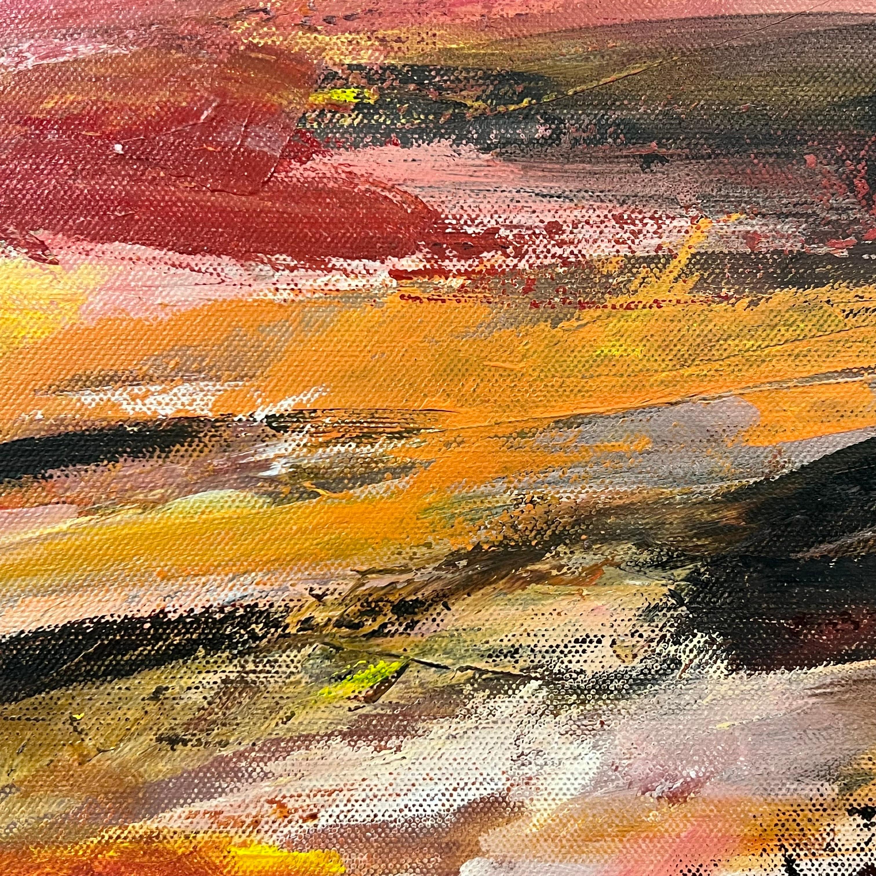 Pittura di paesaggio astratto rosso e giallo caldo di un artista britannico contemporaneo in vendita 15