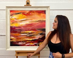 Warmrotes und gelbes abstraktes Landschaftsgemälde des zeitgenössischen britischen Künstlers