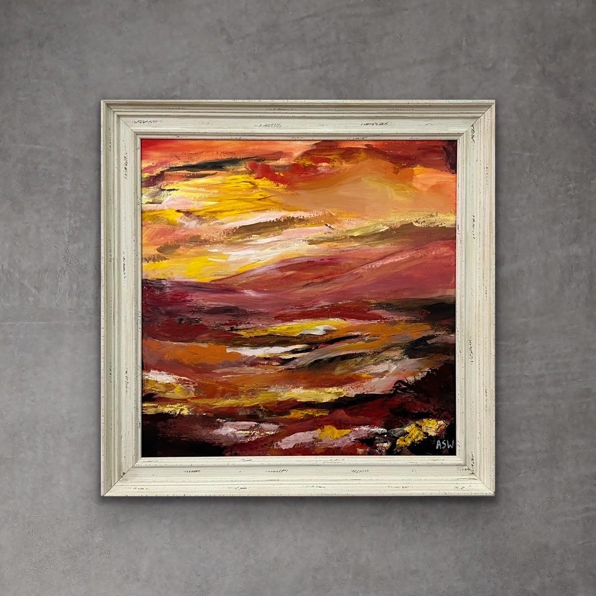 Pittura di paesaggio astratto rosso e giallo caldo di un artista britannico contemporaneo - Abstract Painting Beige di Angela Wakefield