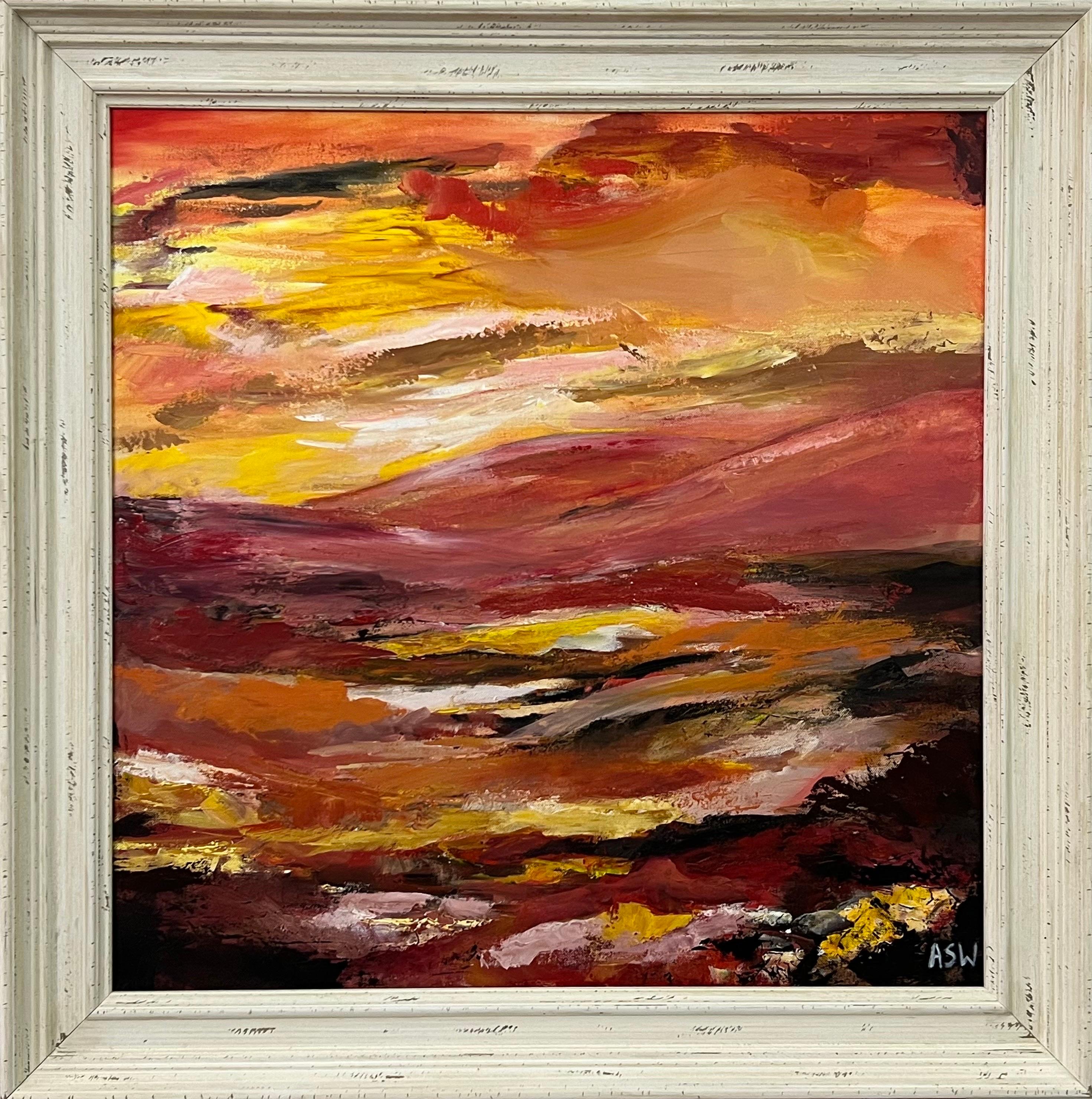 Warm Red & Yellow Abstract Landscape Painting by Contemporary British Artist