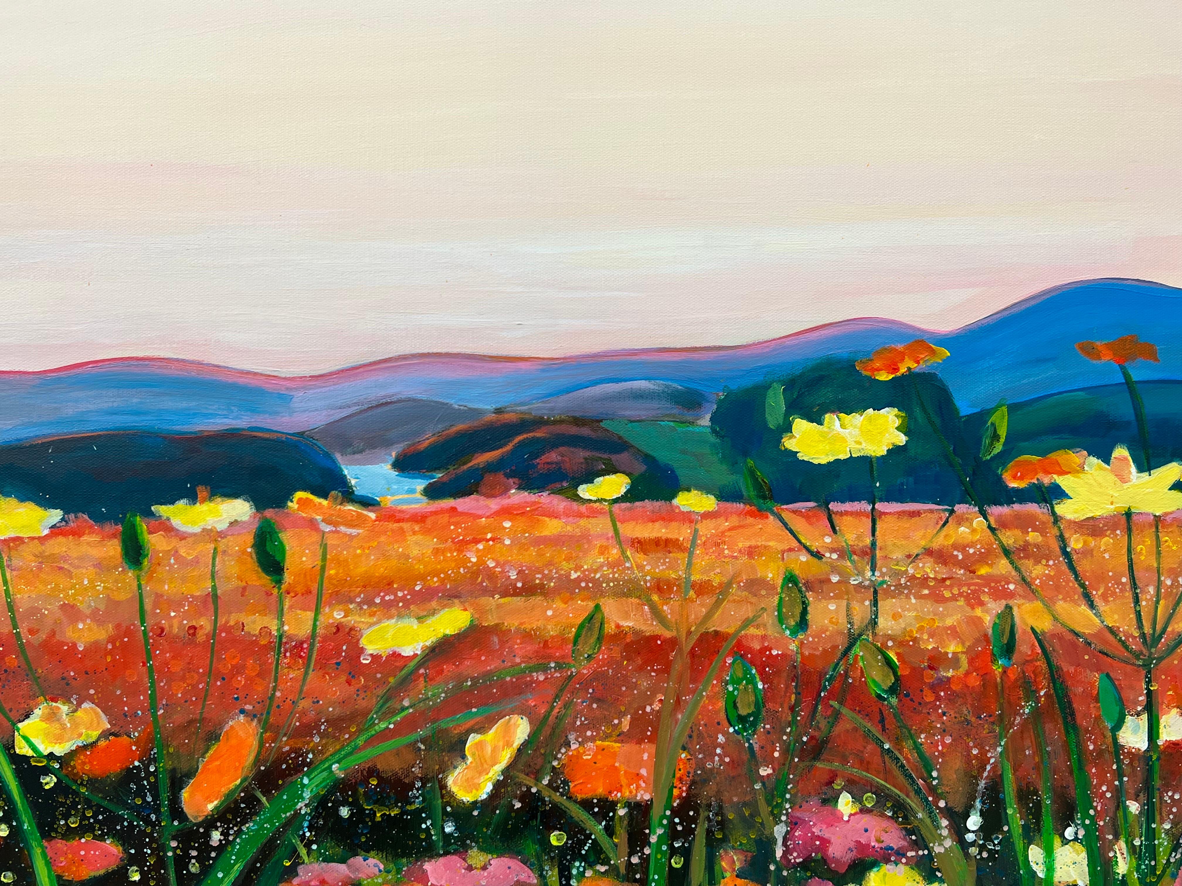 Warme spanische Sonnenuntergangslandschaft mit Wildblumen von Contemporary British Artist im Angebot 6