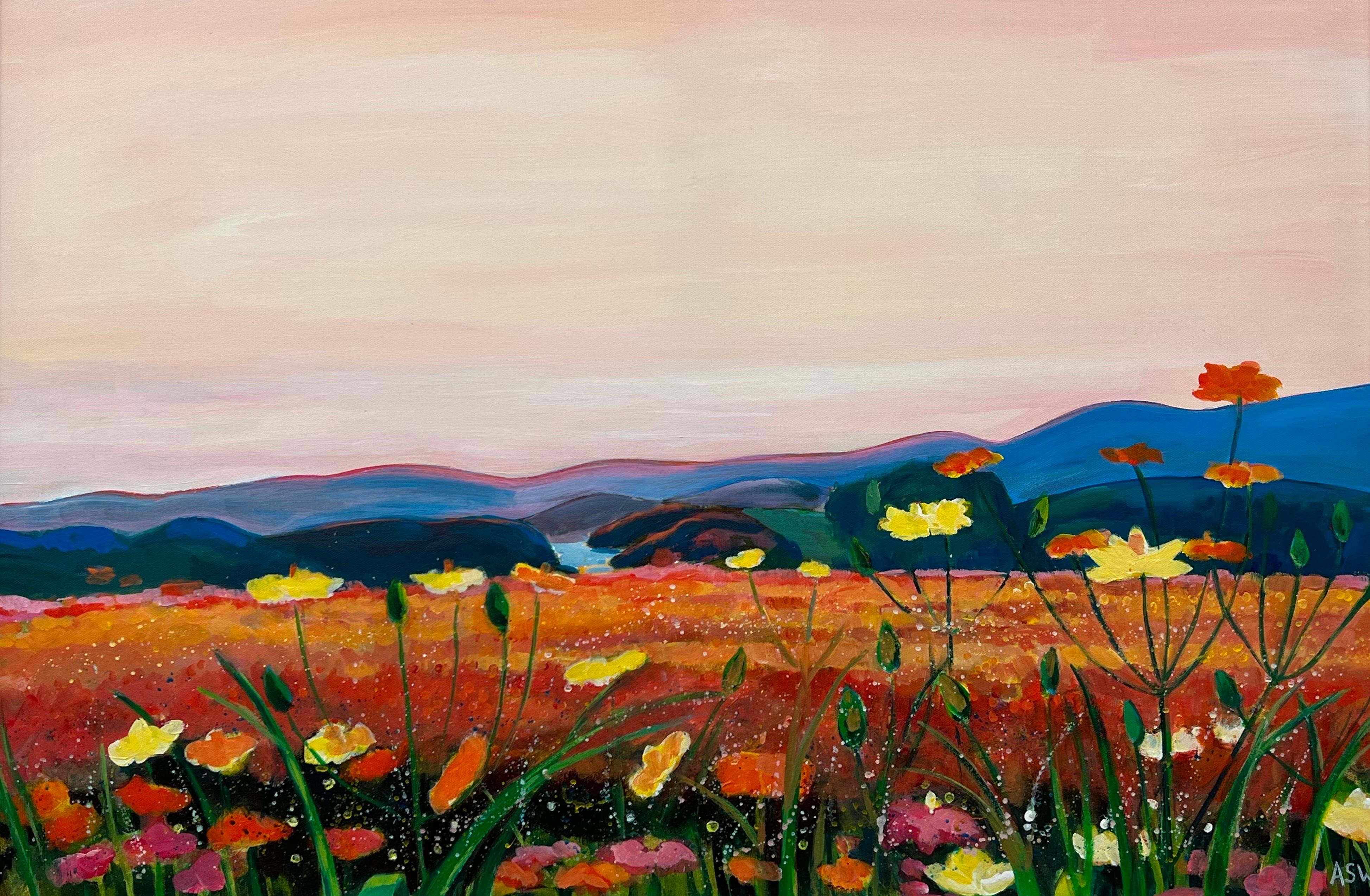 Paysage chaleureux d'un coucher de soleil espagnol avec des fleurs sauvages par un artiste britannique contemporain en vente 4