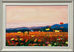 Un caldo paesaggio spagnolo al tramonto con fiori selvatici di un artista britannico contemporaneo