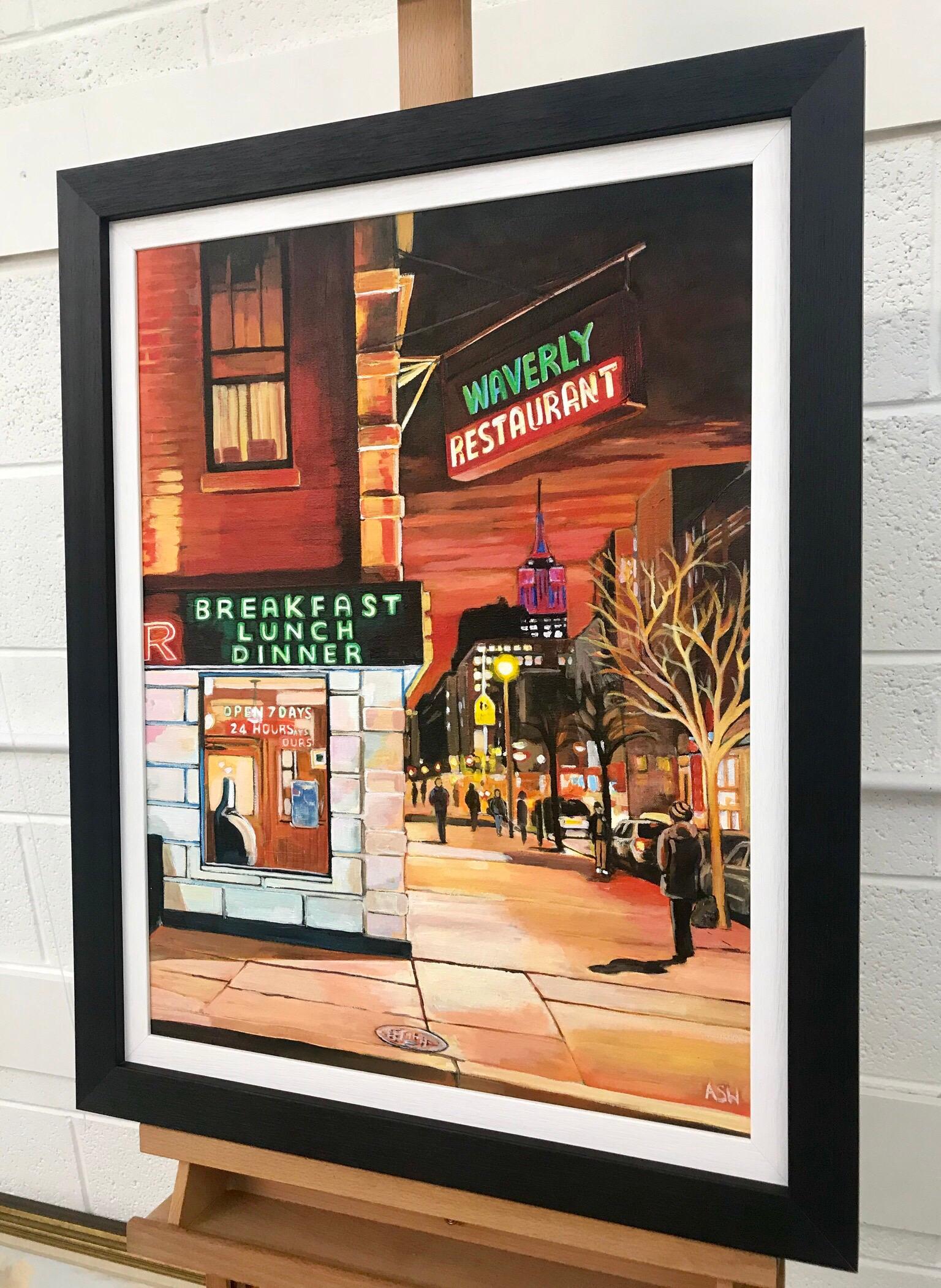 Waverly Diner in Greenwich Village on 6th Avenue Street Corner, New York City, by Leading British Urban Landscape Artist, Angela Wakefield. The Empire State Building can be seen in the background in this depiction of a classic American Diner