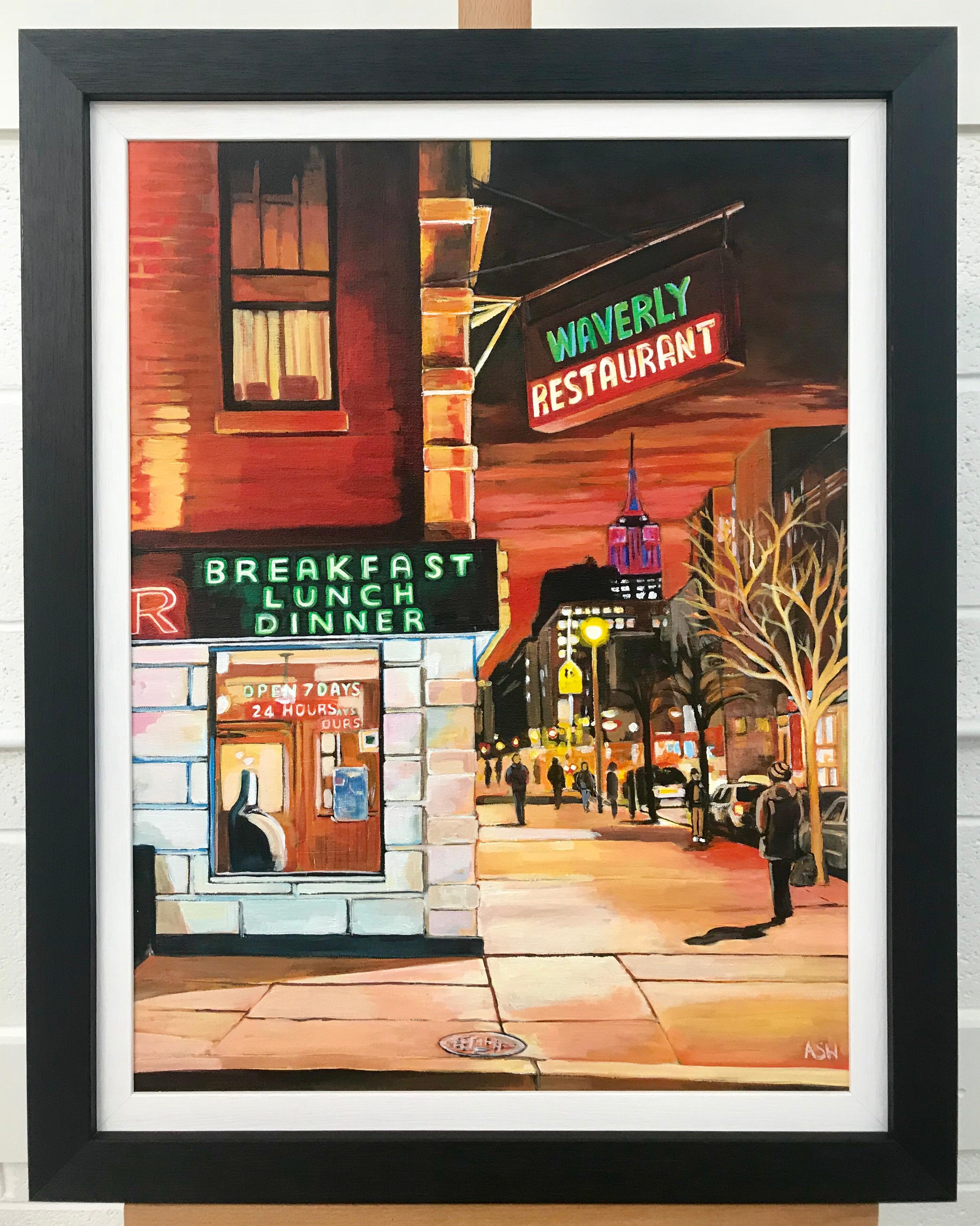 Greenwich Village American Diner 6th Avenue New York City Empire State Building (Braun), Landscape Painting, von Angela Wakefield