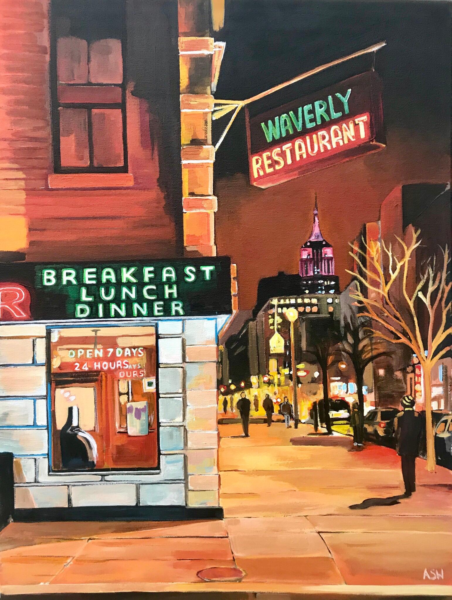 Greenwich Village American Diner 6th Avenue New York City Empire State Building - American Realist Painting by Angela Wakefield