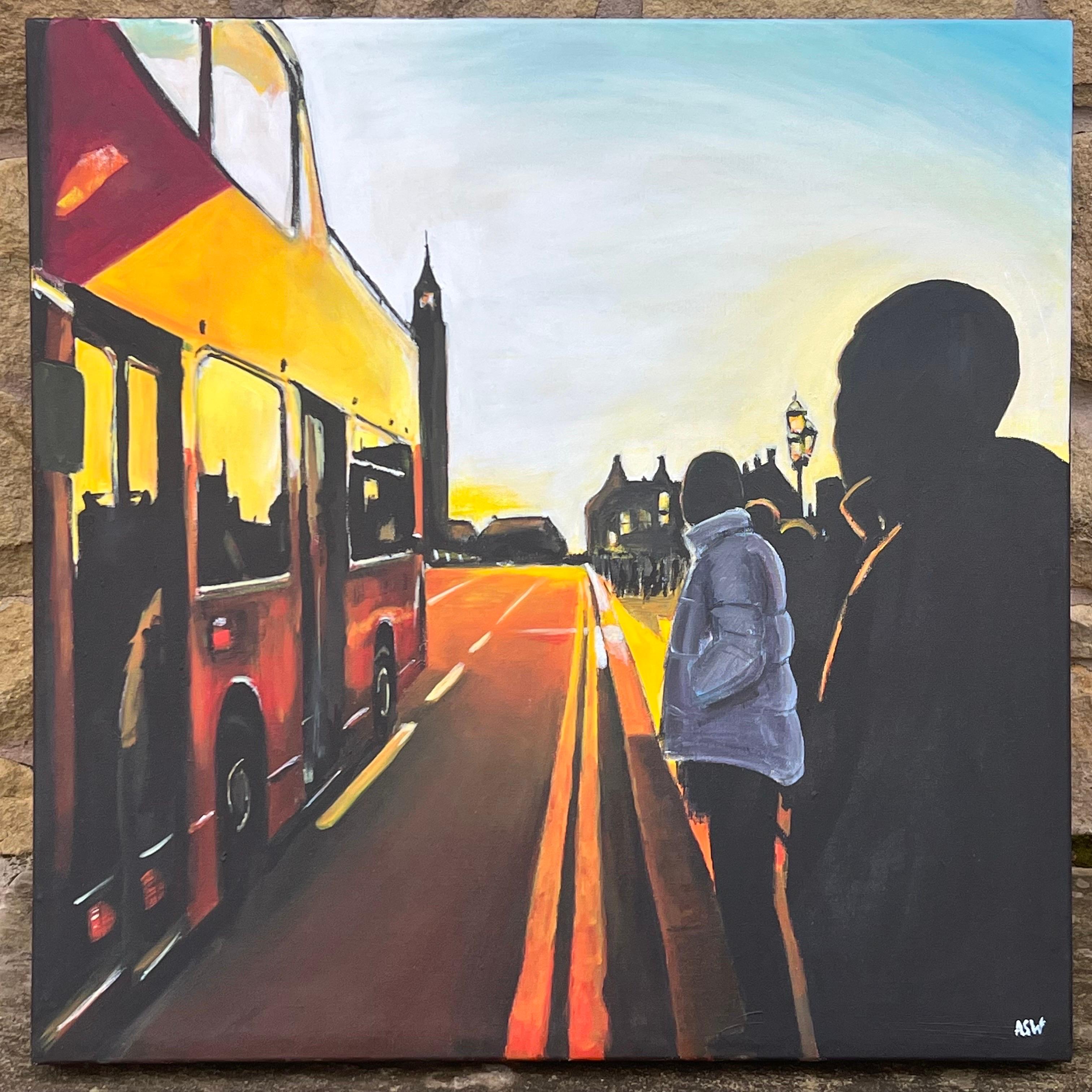 Westminster Sonnenuntergang in London mit offenem Bus des britischen Stadtbildhauers (Zeitgenössisch), Painting, von Angela Wakefield