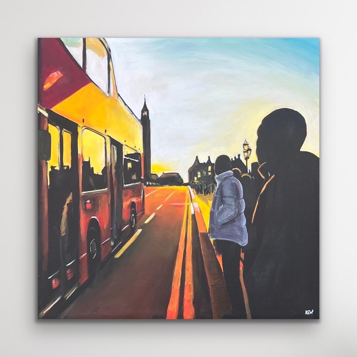 Westminster Sunset in London with Open Top Bus by British Urban Landscape Artist - Painting by Angela Wakefield
