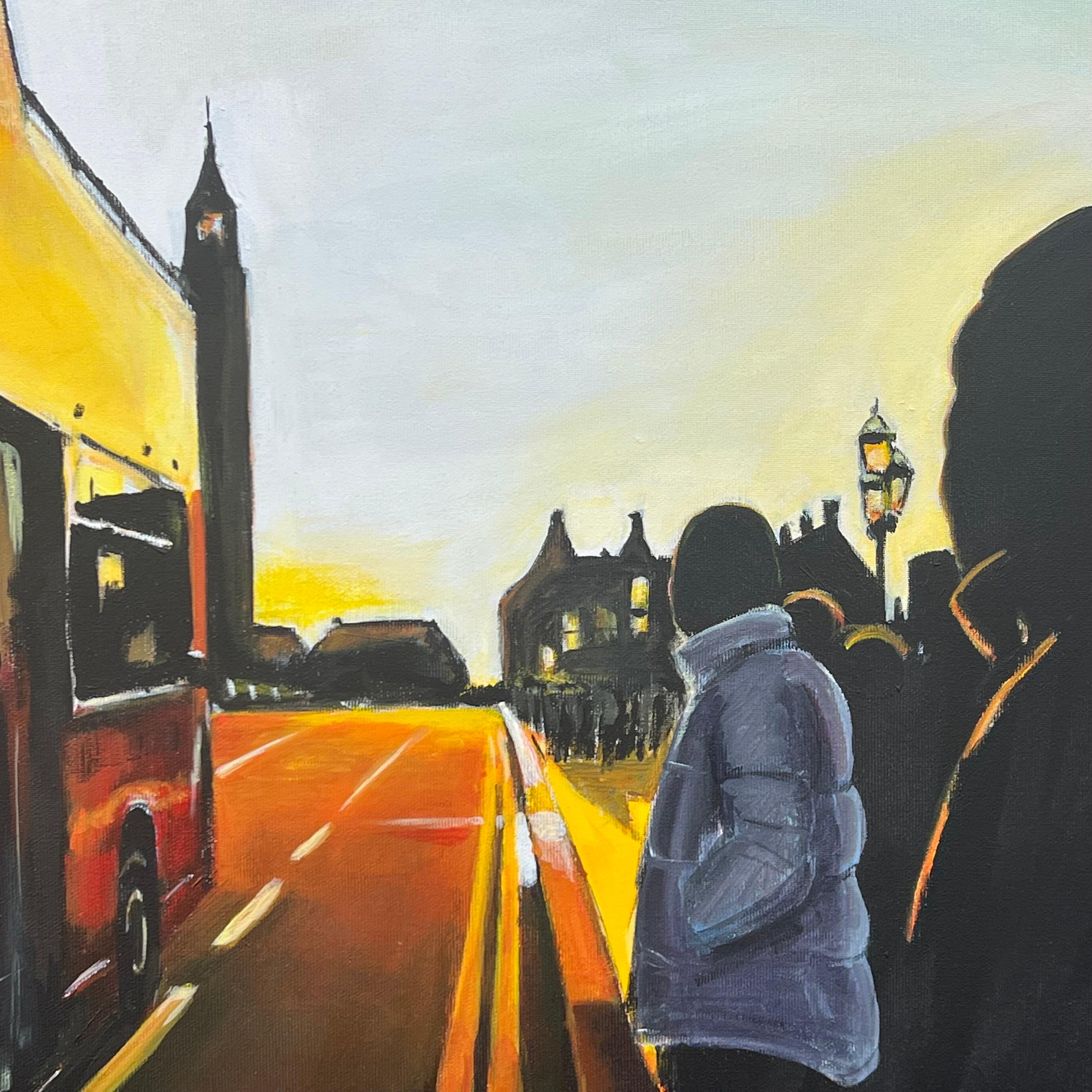 Atardecer en Westminster, Londres, con un autobús descapotable, por un paisajista urbano británico - Figurative Painting Negro de Angela Wakefield