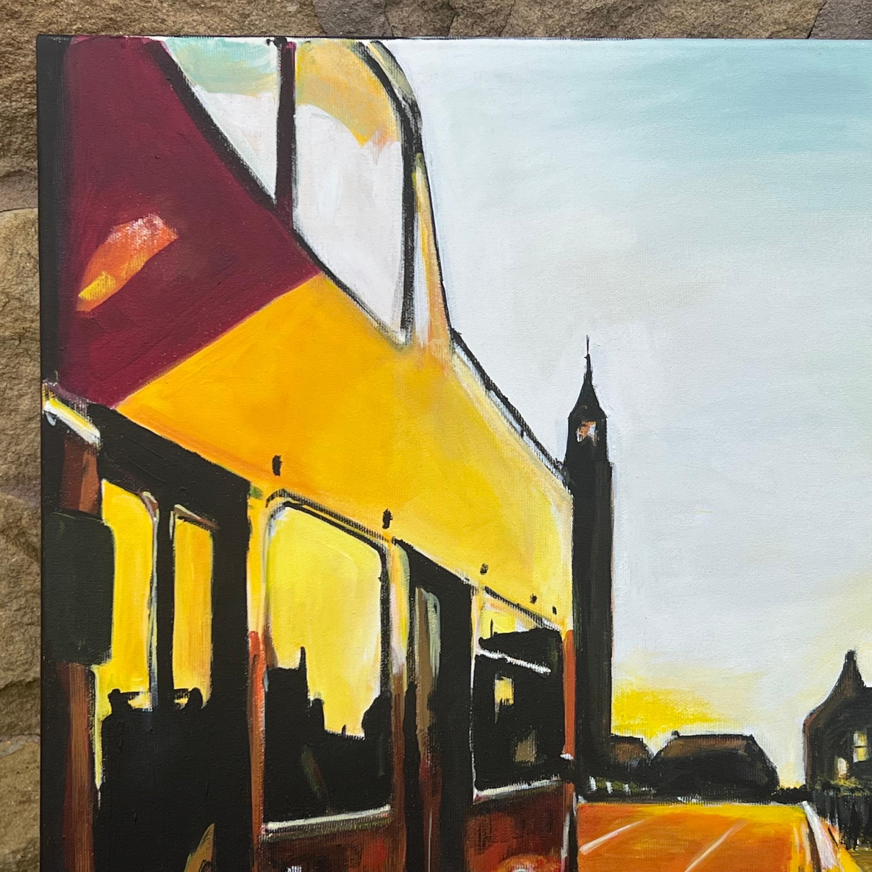Westminster Sunset in London with Open Top Bus by British Urban Landscape Artist For Sale 1