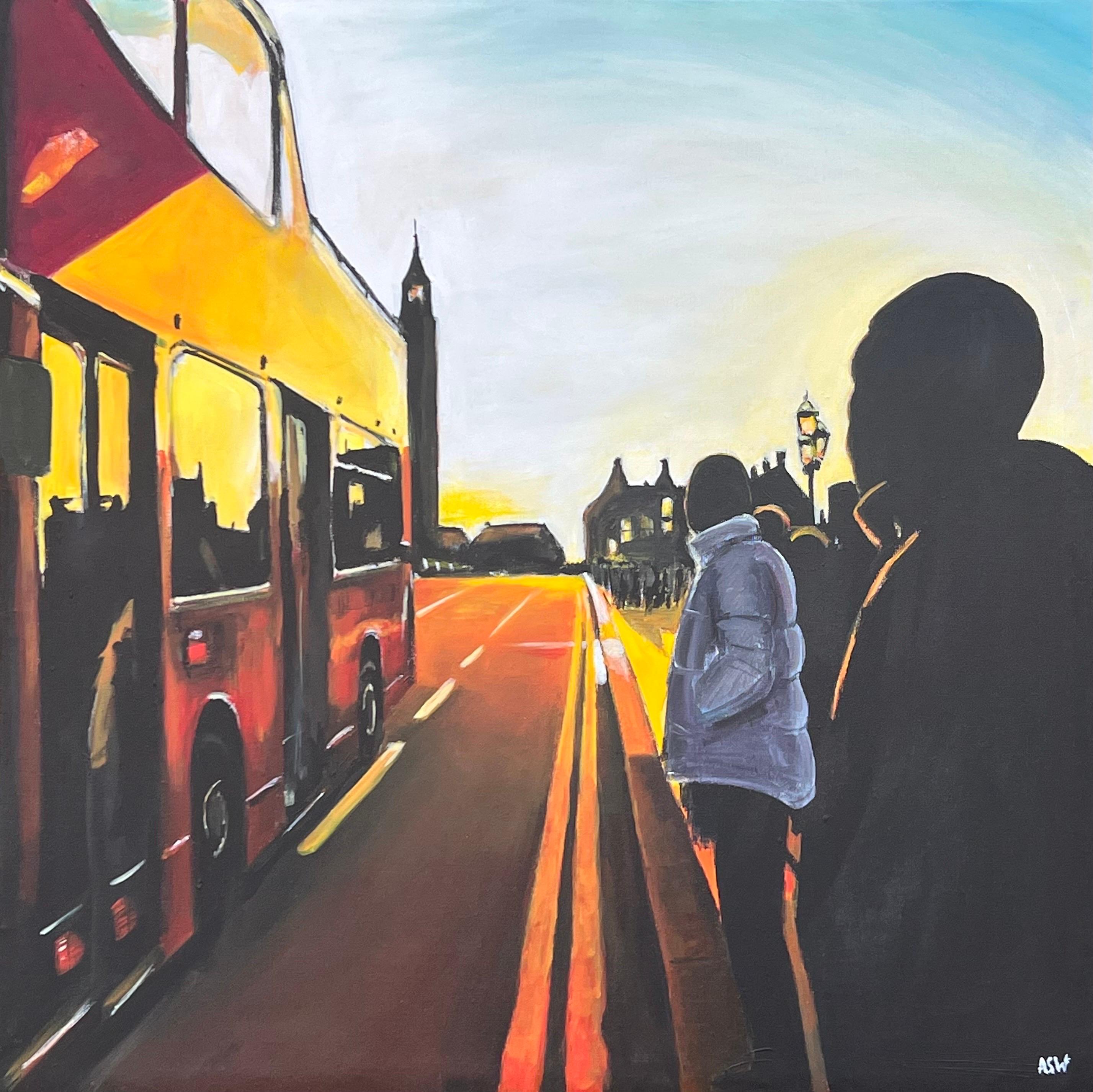 Un coucher de soleil de Westminster à Londres avec un bus à plateau ouvert par l'artiste britannique de paysage urbain