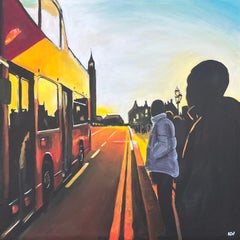 Westminster Sunset in London with Open Top Bus by British Urban Landscape Artist