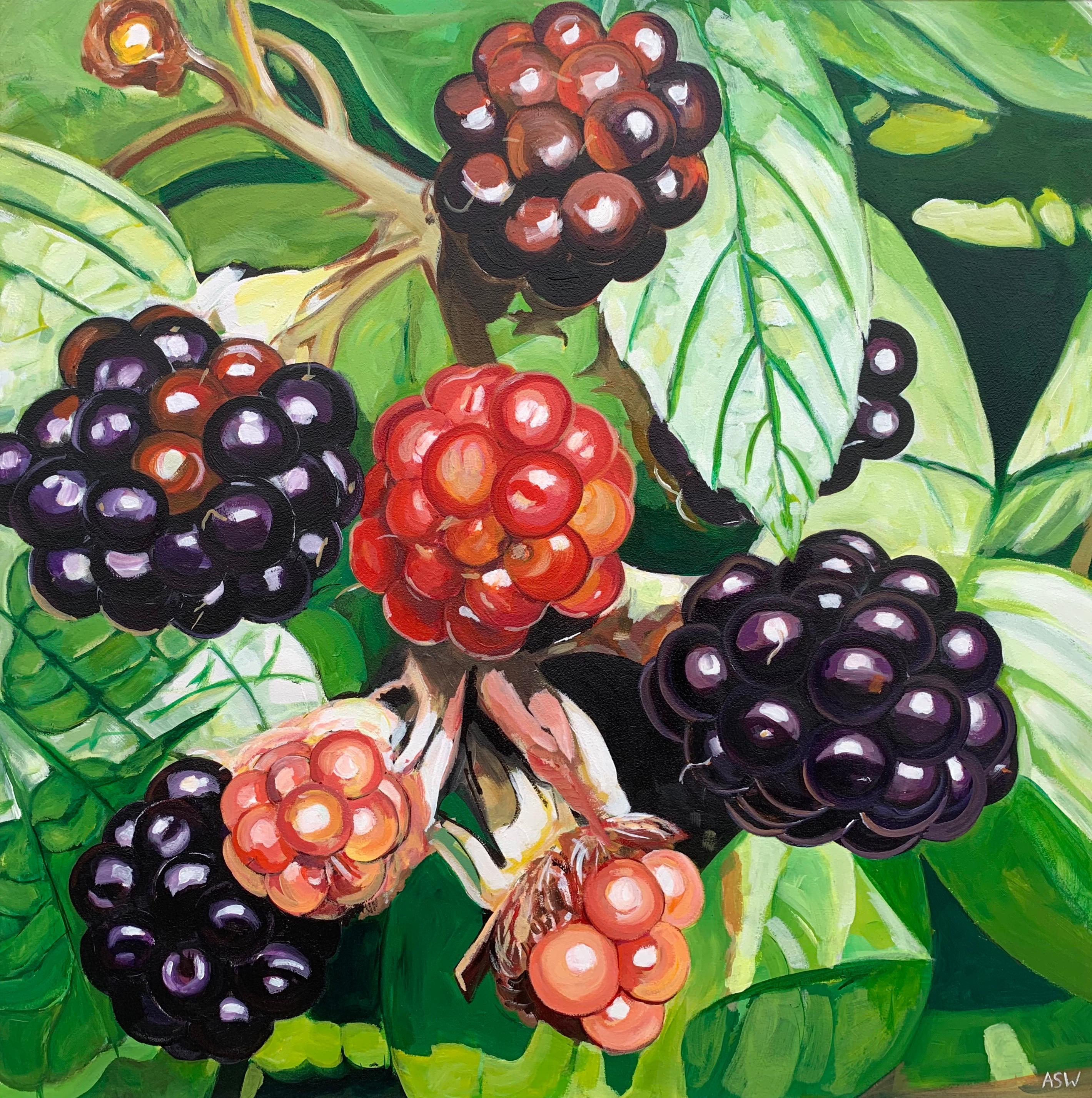 Wild Blackberries in English Country Garden Colourful Painting by British Artist For Sale 2