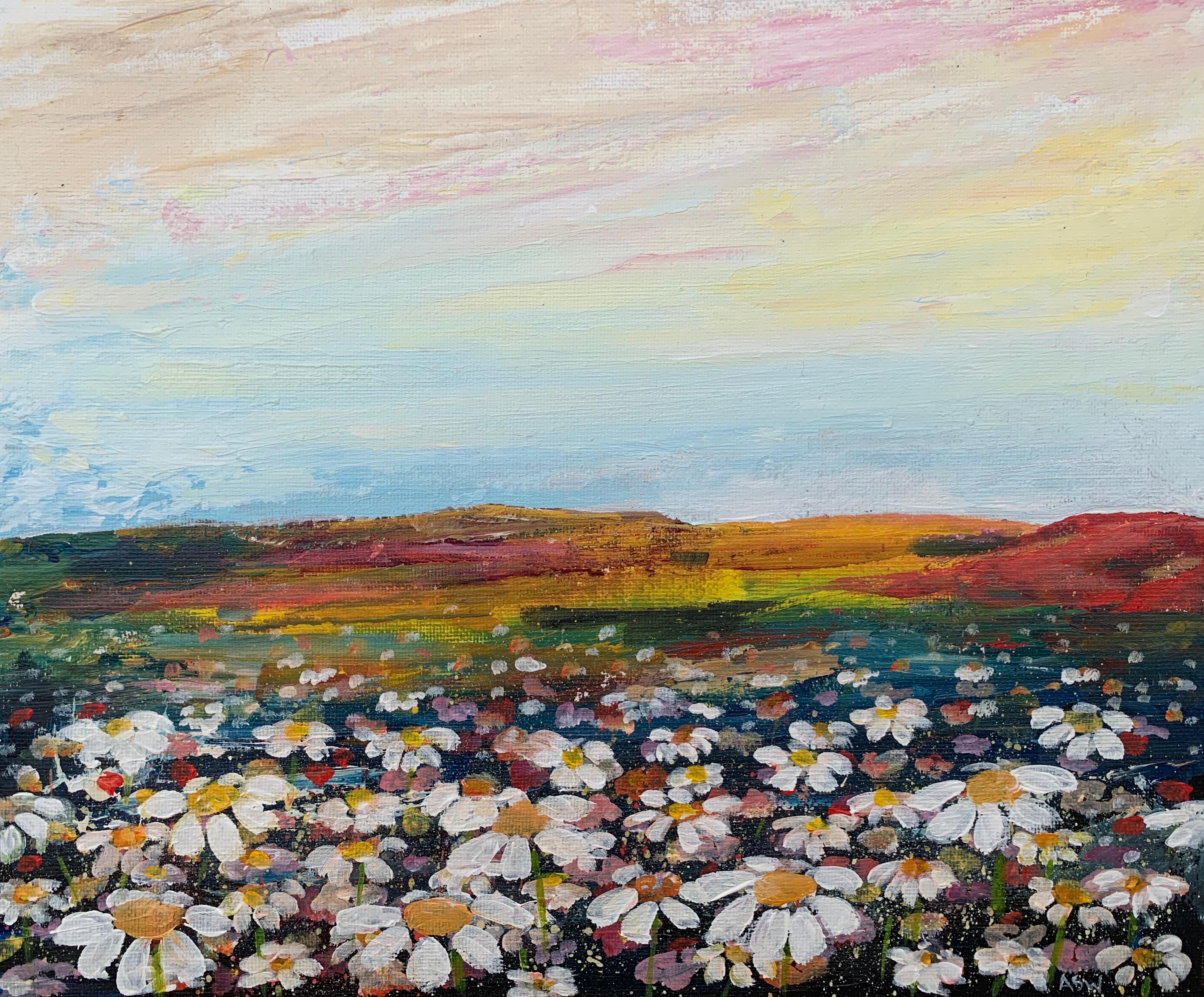 Wild Daisy Flowers English Countryside Landscape Painting by Contemporary Artist For Sale 1