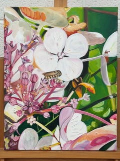 Wild Pink & White Flowers with Bee in English Country Garden Colourful Painting