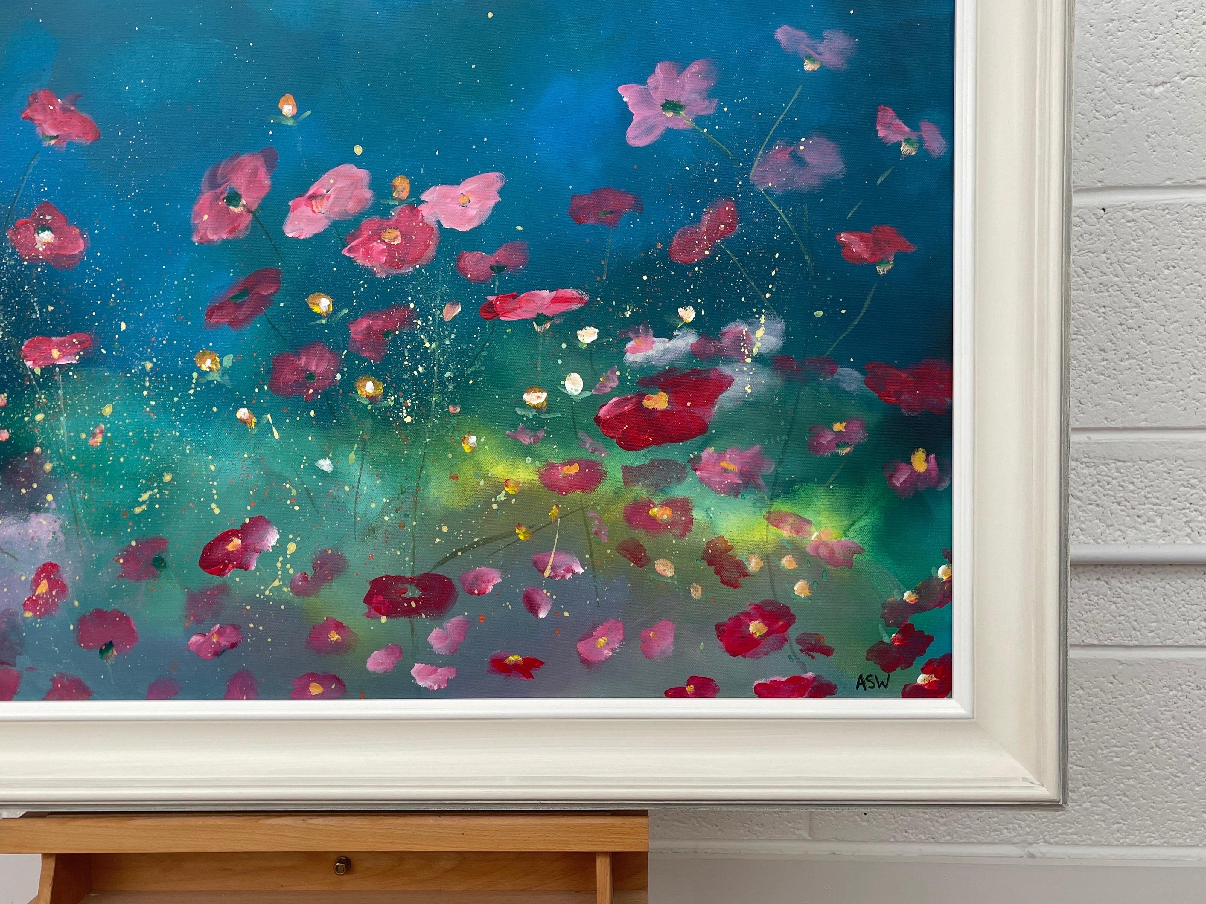Wild Red Flowers on Turquoise & Green Abstract by Contemporary British Artist For Sale 4