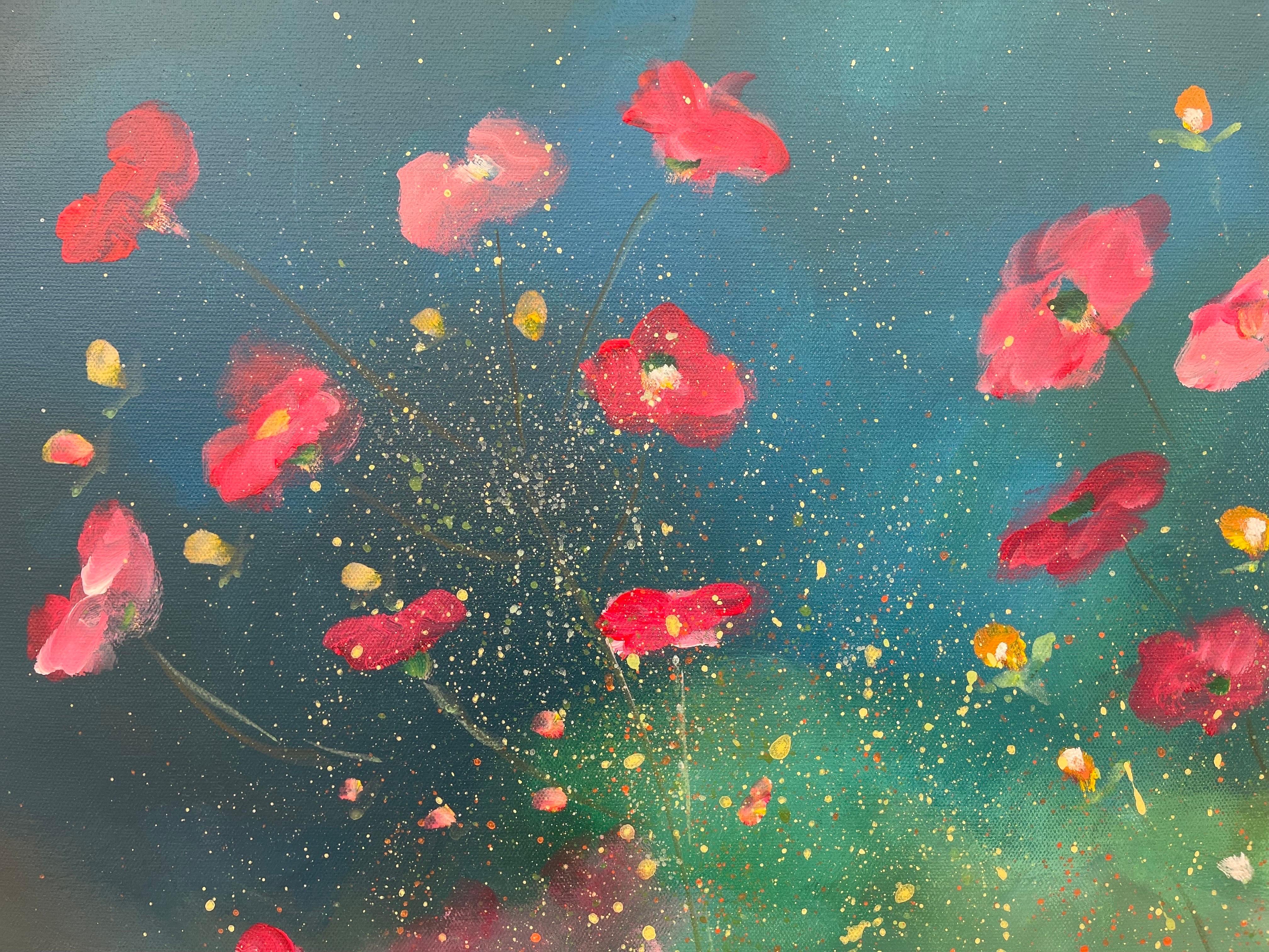 Wild Red Flowers on Turquoise & Green Abstract by Contemporary British Artist For Sale 5