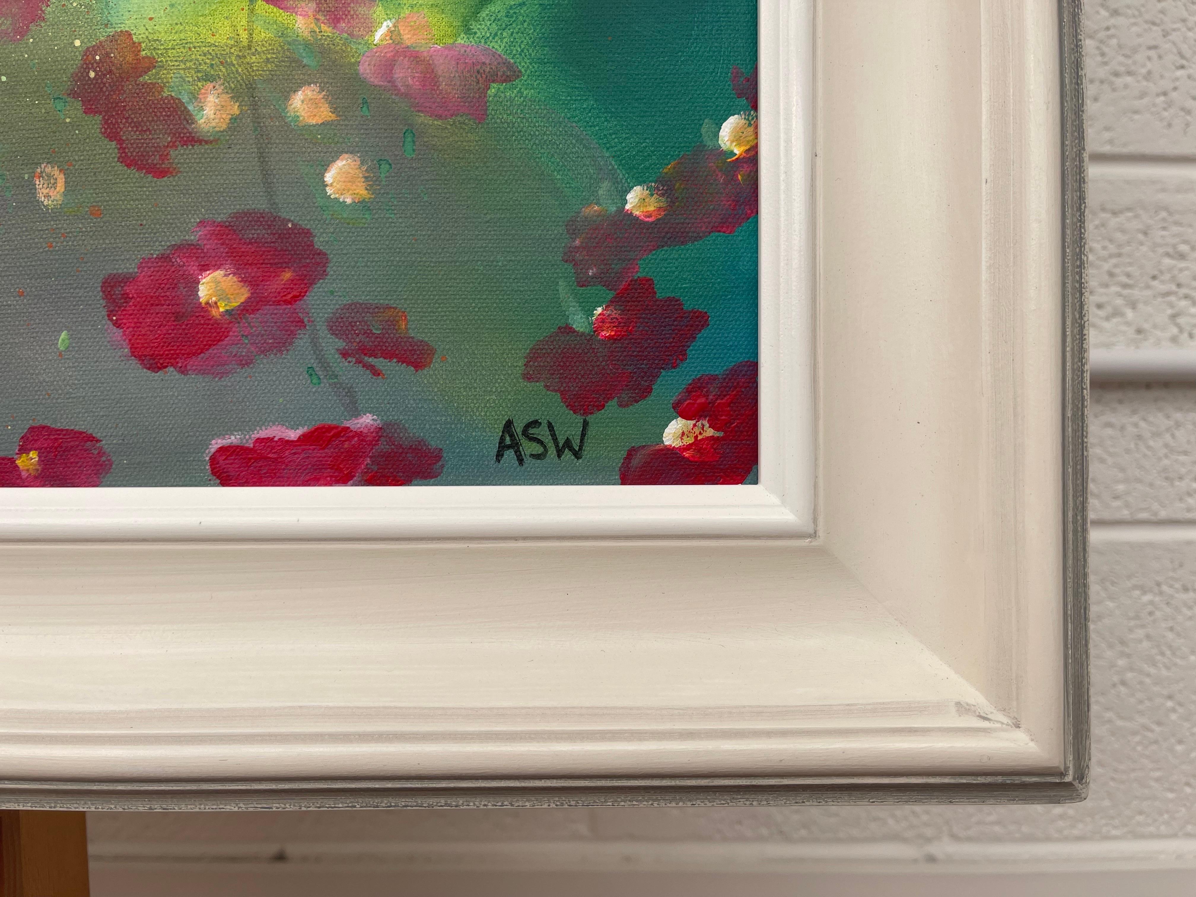 Wild Red Flowers on Turquoise & Green Abstract by Contemporary British Artist For Sale 6