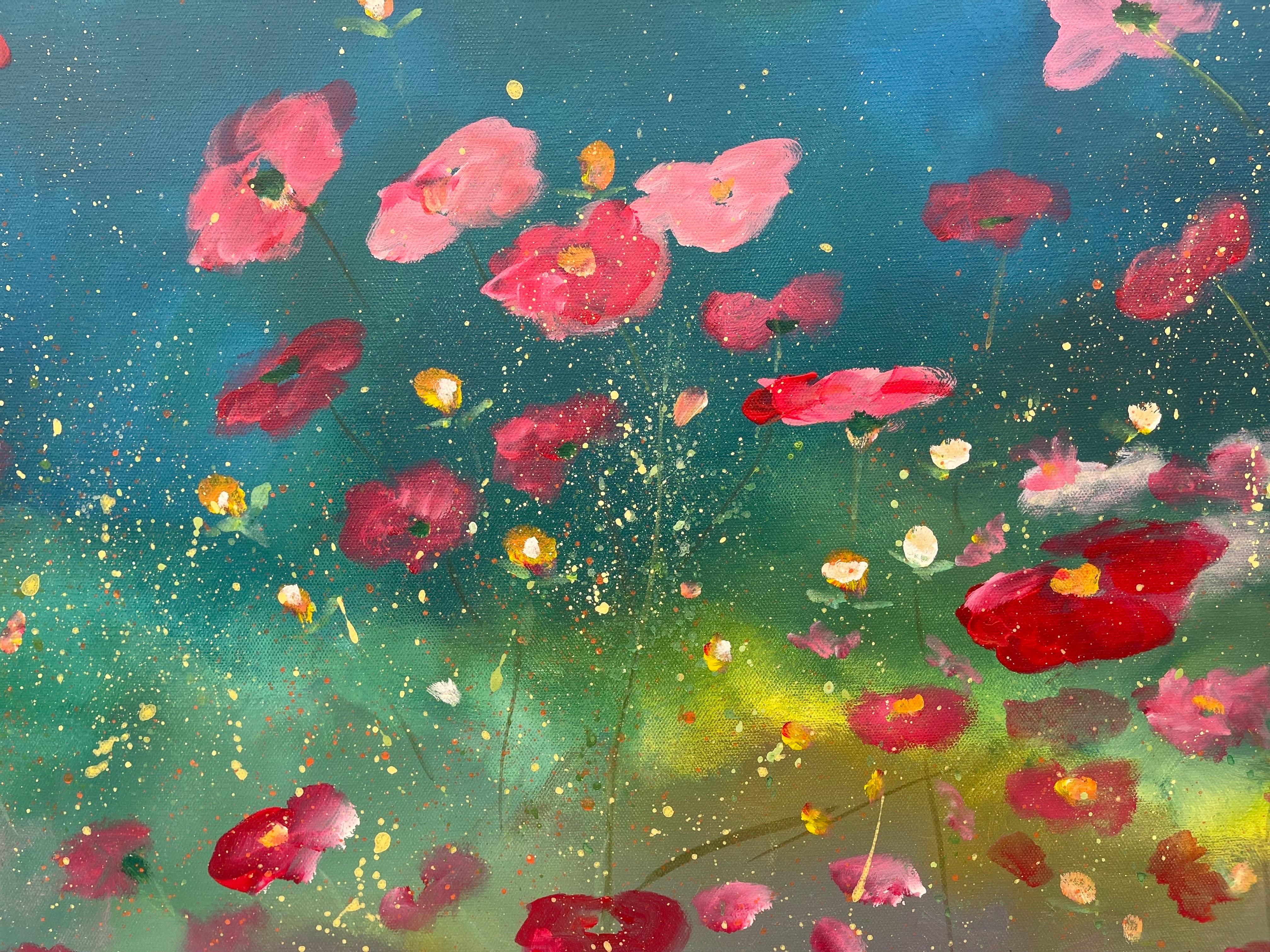Wild Red Flowers on Turquoise & Green Abstract by Contemporary British Artist For Sale 10