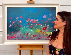 Wild Red Flowers on Turquoise & Green Abstract by Contemporary British Artist