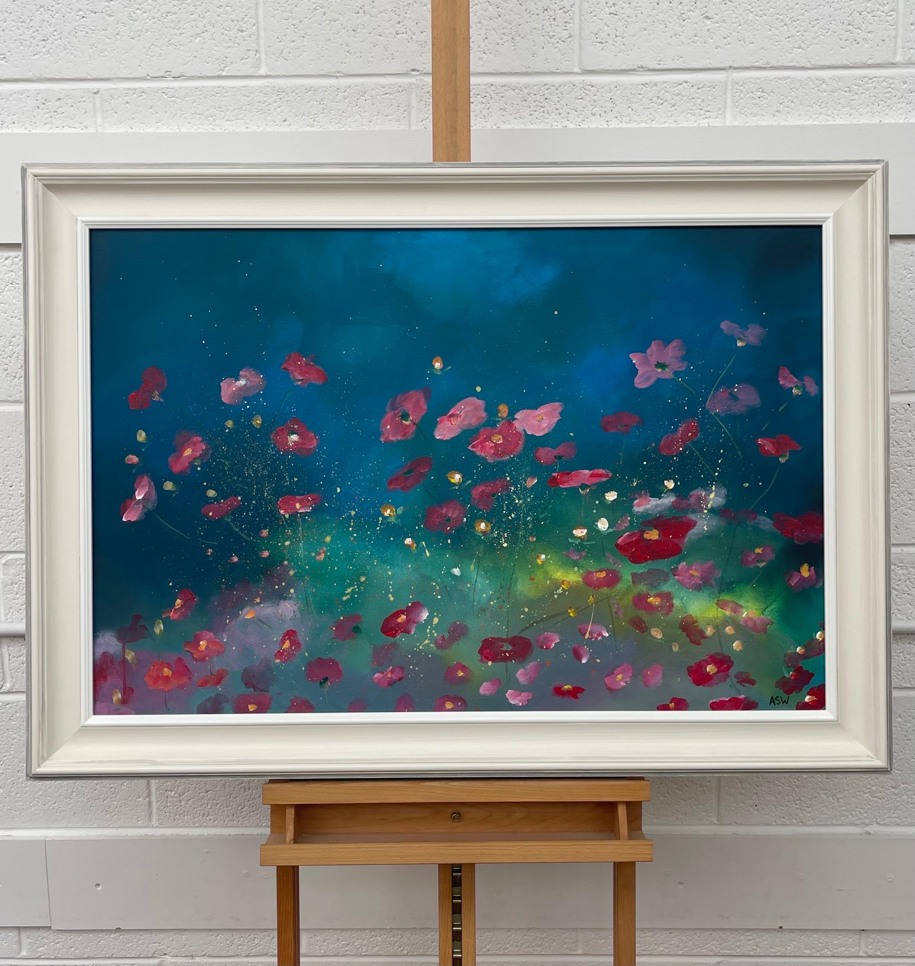 Fleurs rouges sauvages sur turquoise et verts - Abstrait de l'artiste britannique contemporain - Bleu Landscape Painting par Angela Wakefield