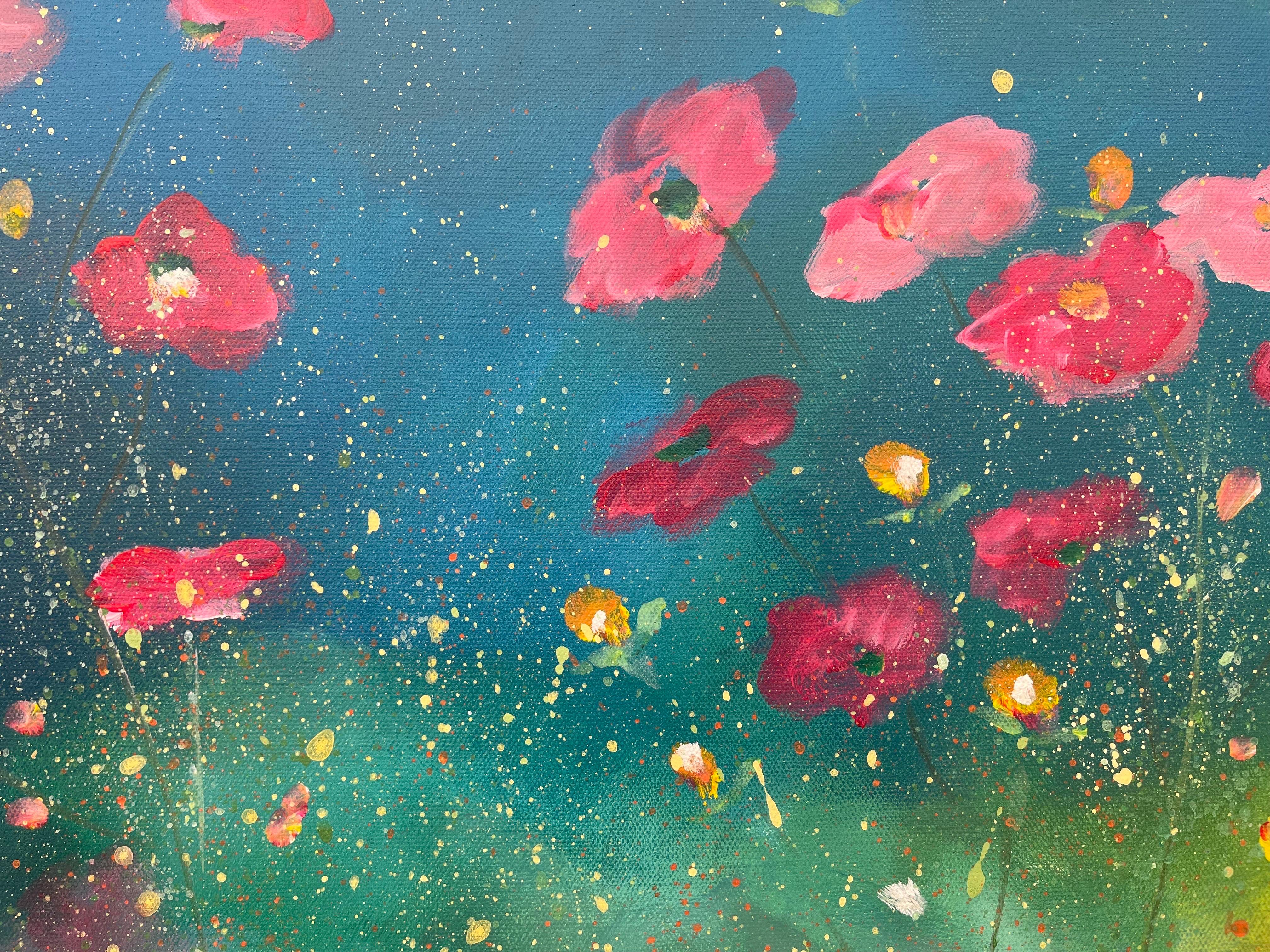 Wild Red Flowers on Turquoise & Green Abstract by Contemporary British Artist - Blue Landscape Painting by Angela Wakefield