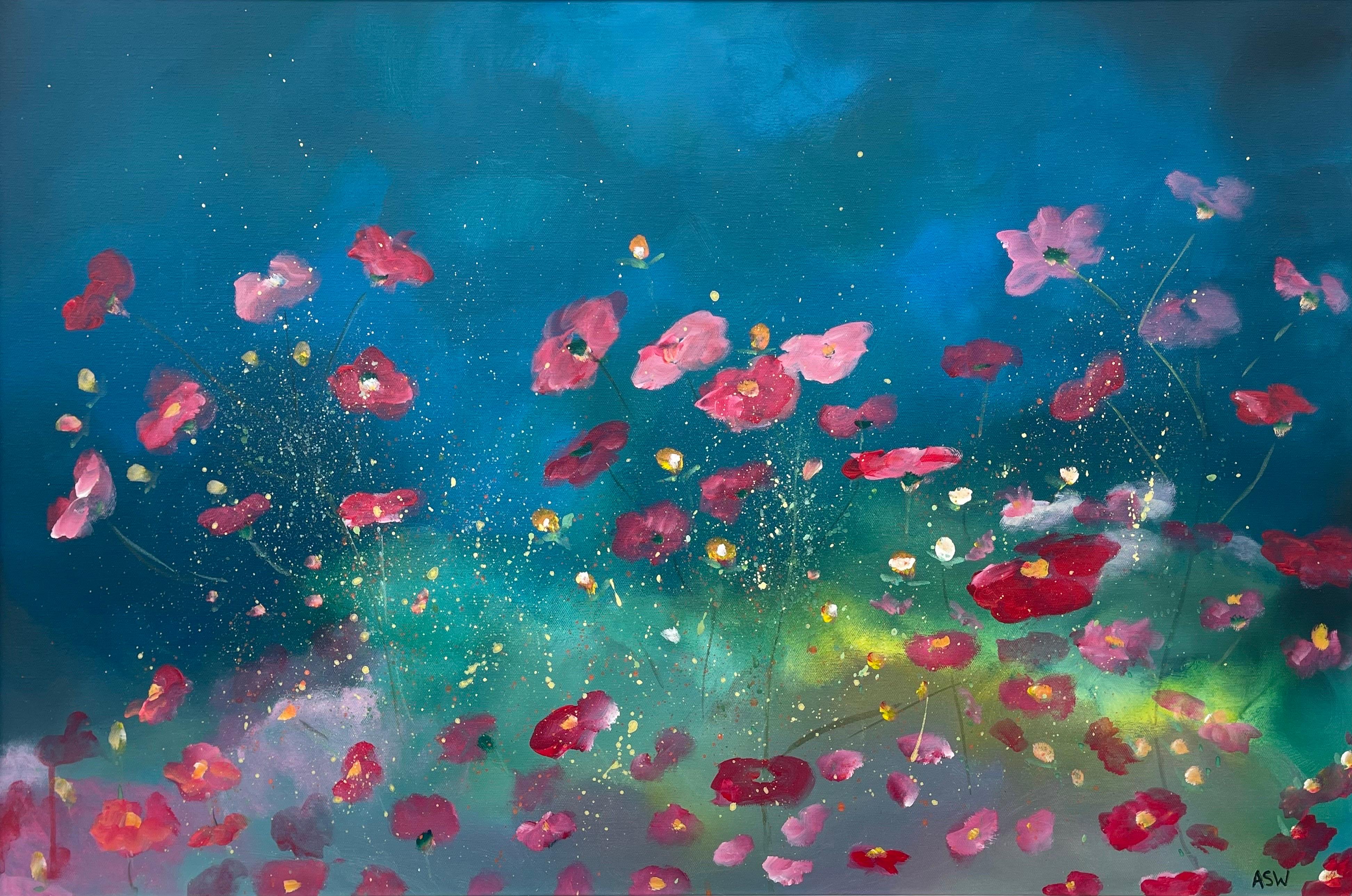 Painting of Wild Red & Pink Flowers on a Turquoise & Green Abstract Background by Contemporary British Artist, Angela Wakefield. 

Art measures 36 x 24 inches
Frame measures 42 x 30 inches 

Presented in the highest quality hand-finished off-white