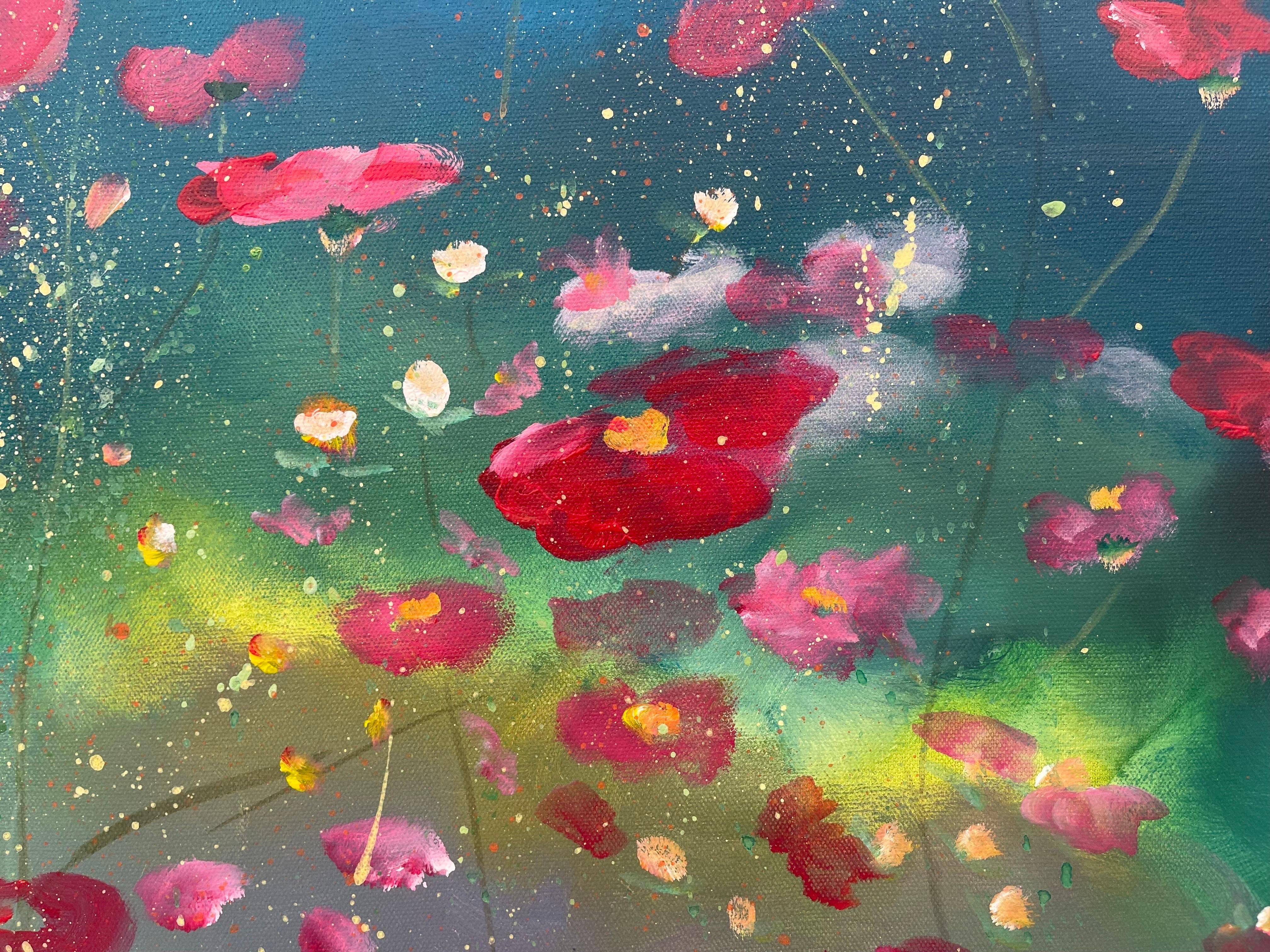 Wild Red Flowers on Turquoise & Green Abstract by Contemporary British Artist For Sale 1