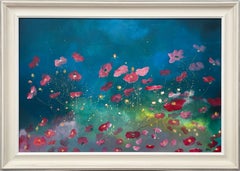 Wild Red Flowers on Turquoise & Green Abstract by Contemporary British Artist
