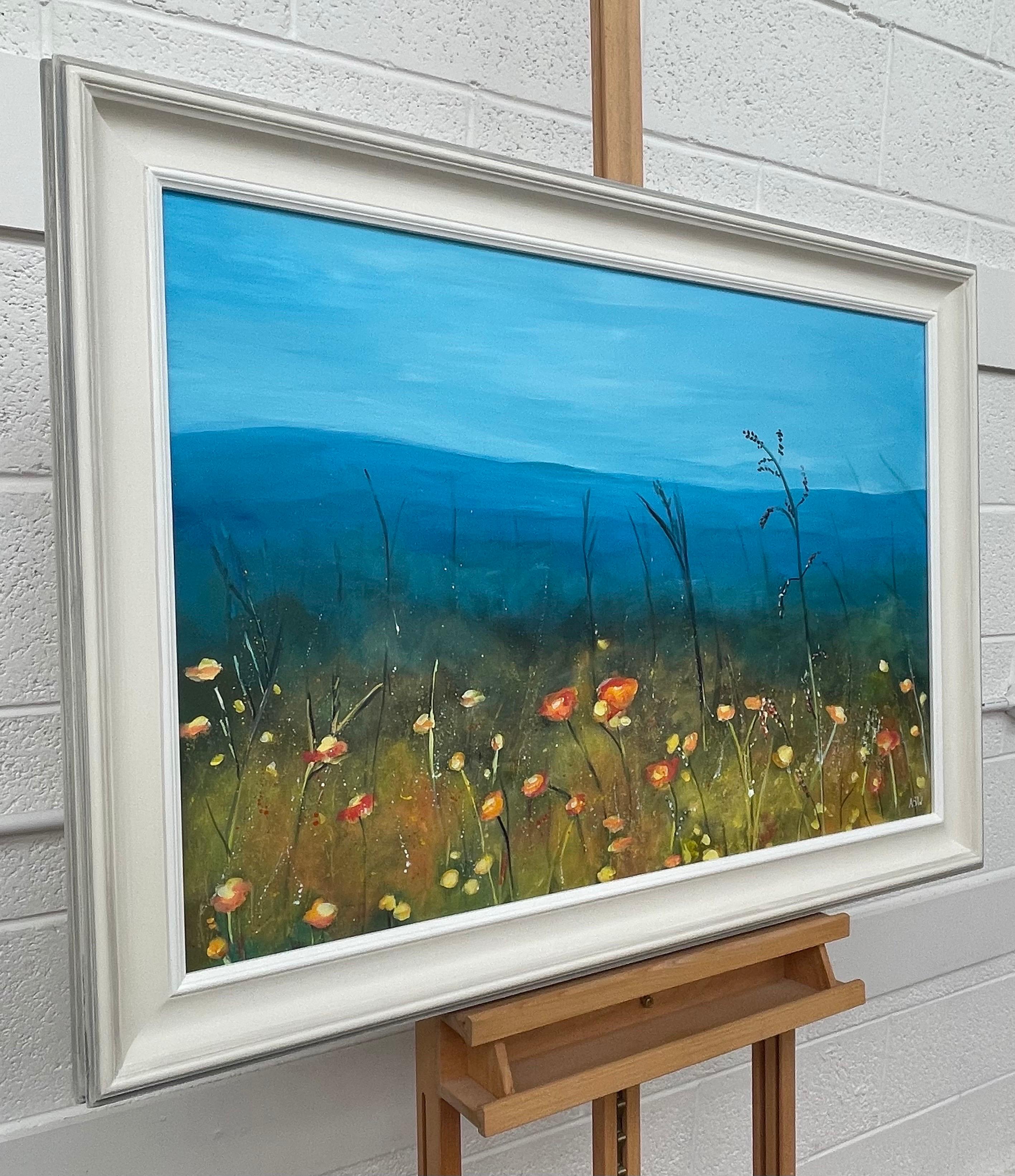 Wild Yellow Flowers in Meadow Moorland Landscape by Contemporary British Artist - Painting by Angela Wakefield