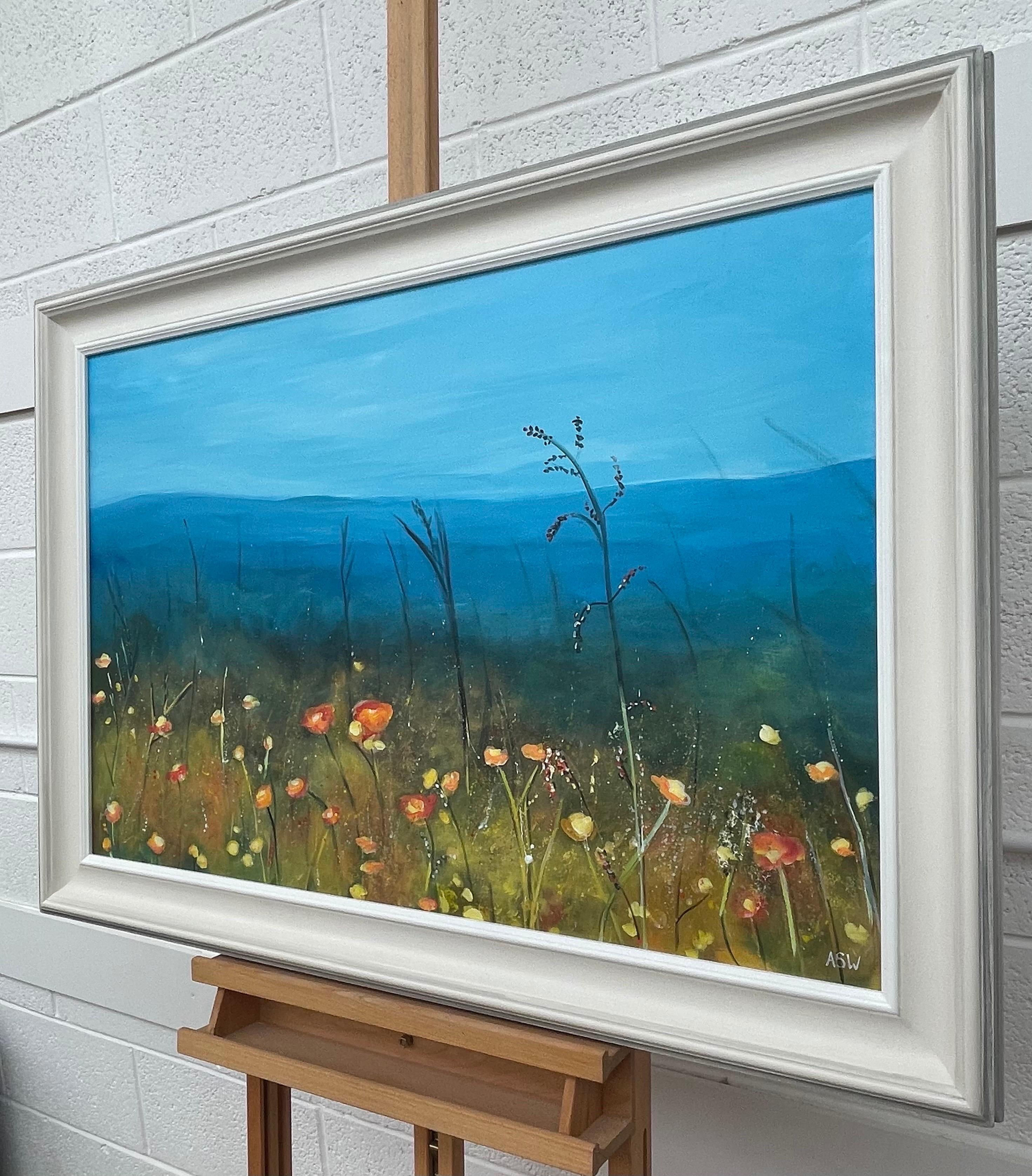 Wildgelbe Blumen in Meadow Moorland-Landschaft des zeitgenössischen britischen Künstlers (Blau), Landscape Painting, von Angela Wakefield