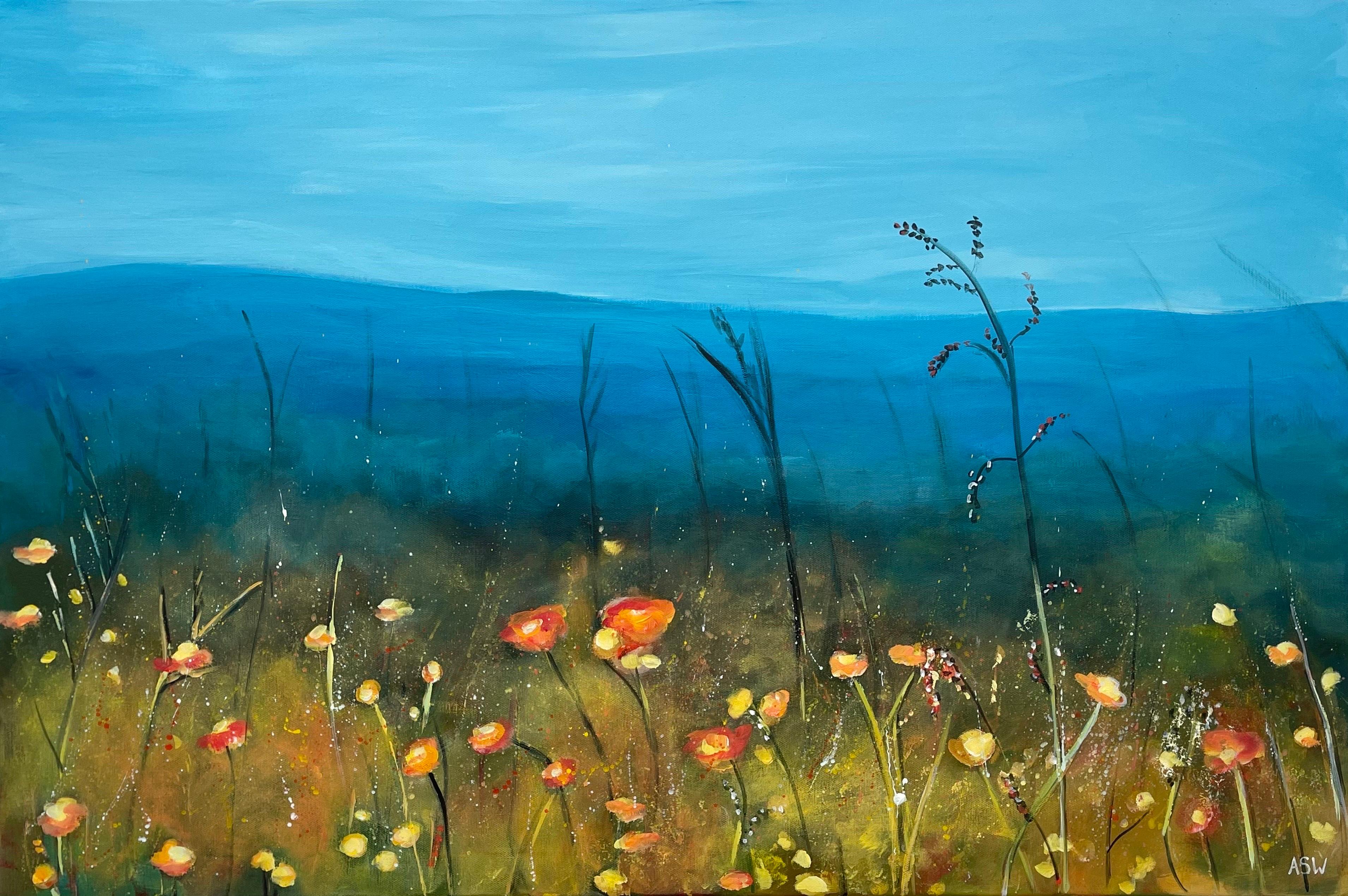 Flowers jaunes sauvages dans un paysage de Meadow Moorland par un artiste britannique contemporain - Bleu Landscape Painting par Angela Wakefield