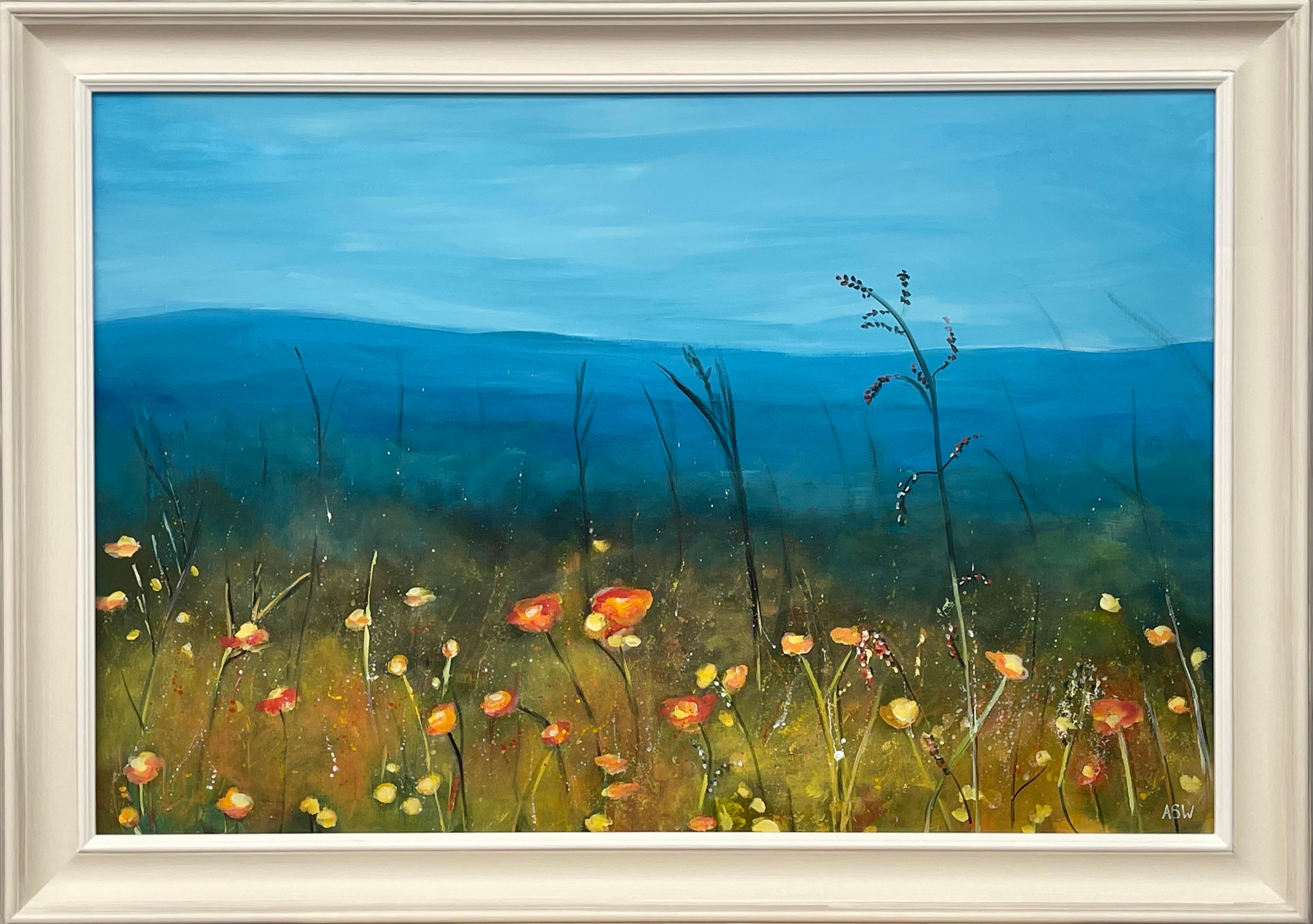 Angela Wakefield Landscape Painting – Wildgelbe Blumen in Meadow Moorland-Landschaft des zeitgenössischen britischen Künstlers