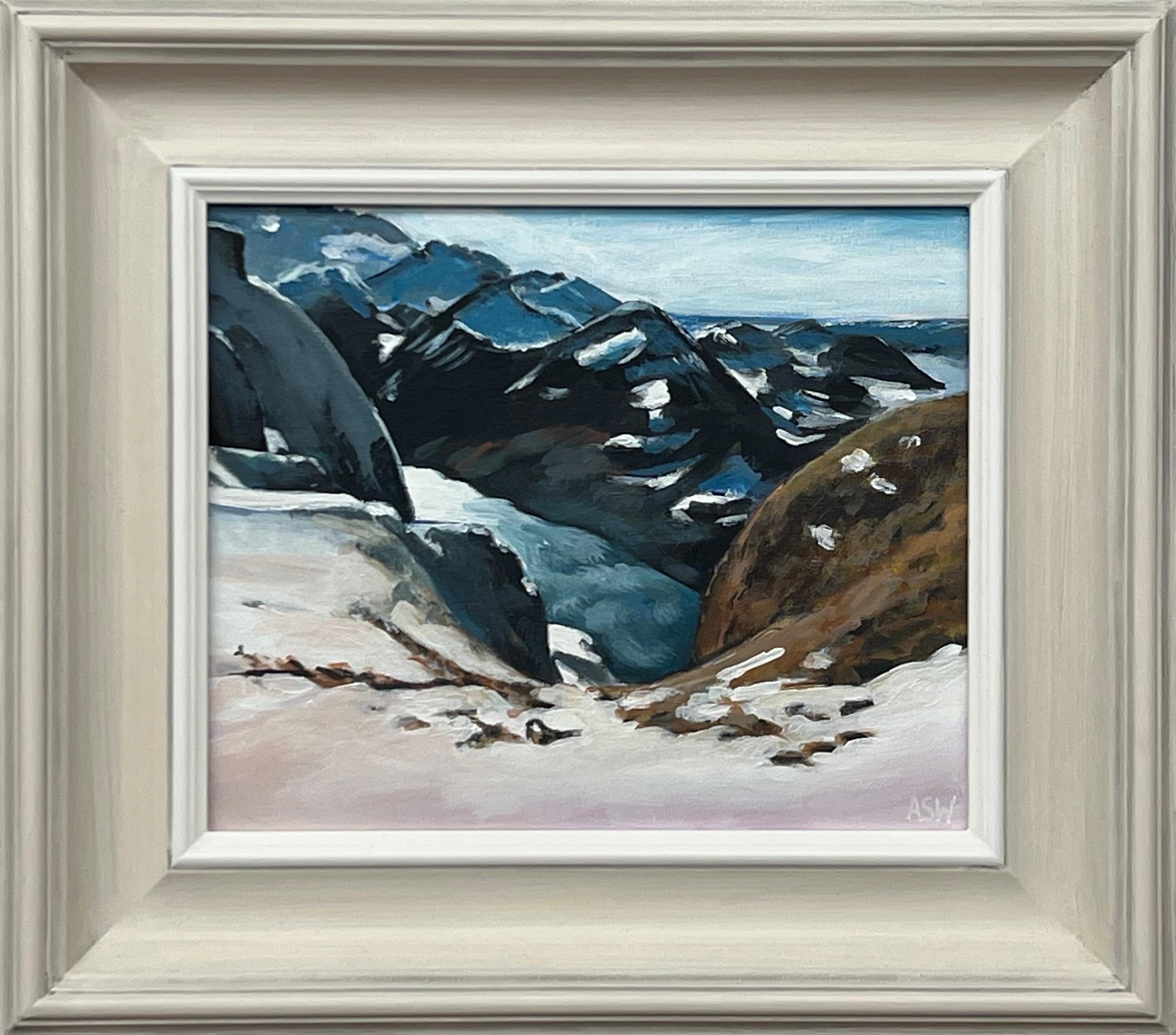 A. Winter Mountain Landscape Painting of Zurich Switzerland (Paesaggio montano invernale con neve) di un artista britannico