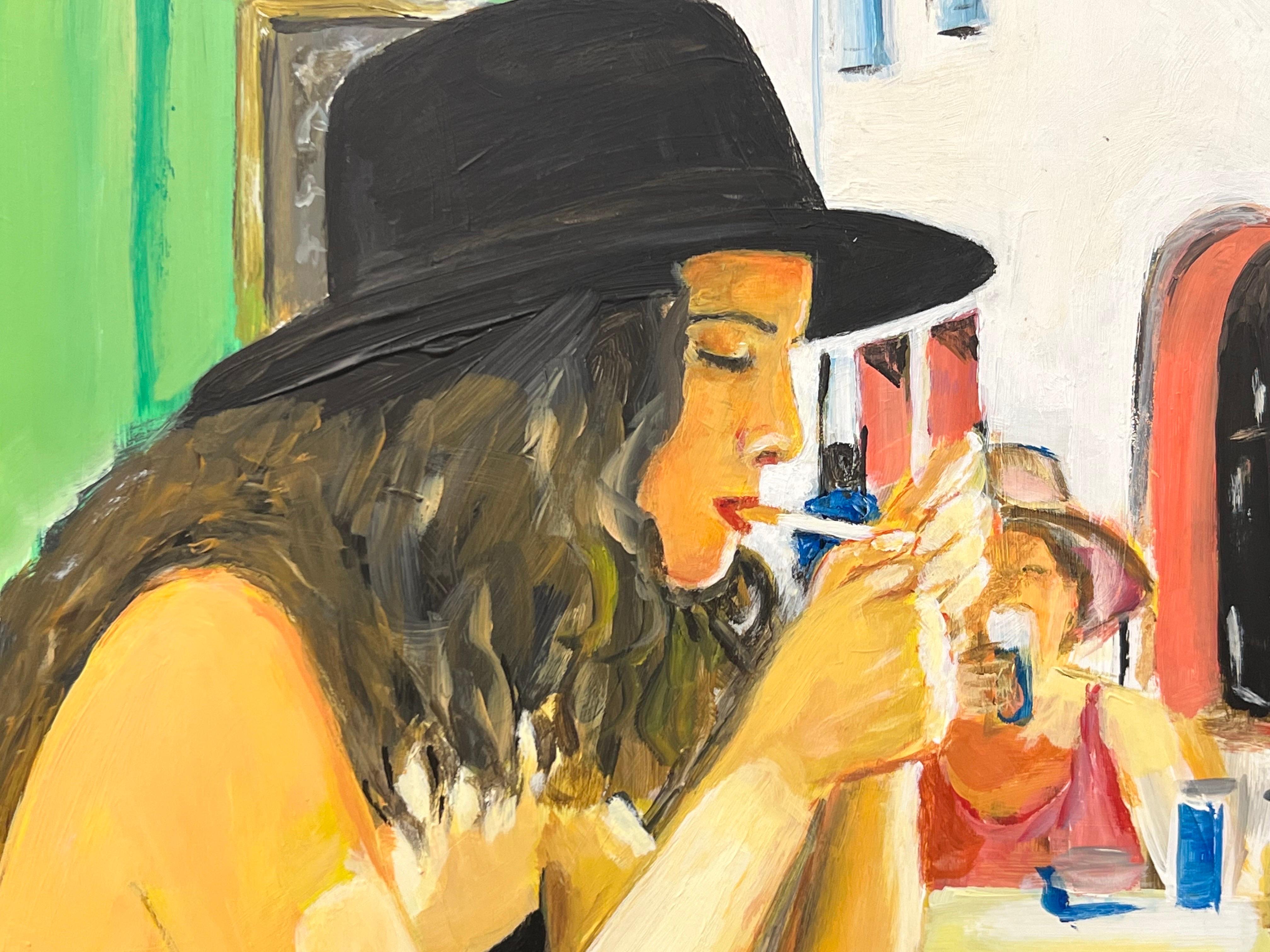Woman Smoking at Le Cafe La Nuit in Arles, France, par l'artiste britannique contemporain en vente 11
