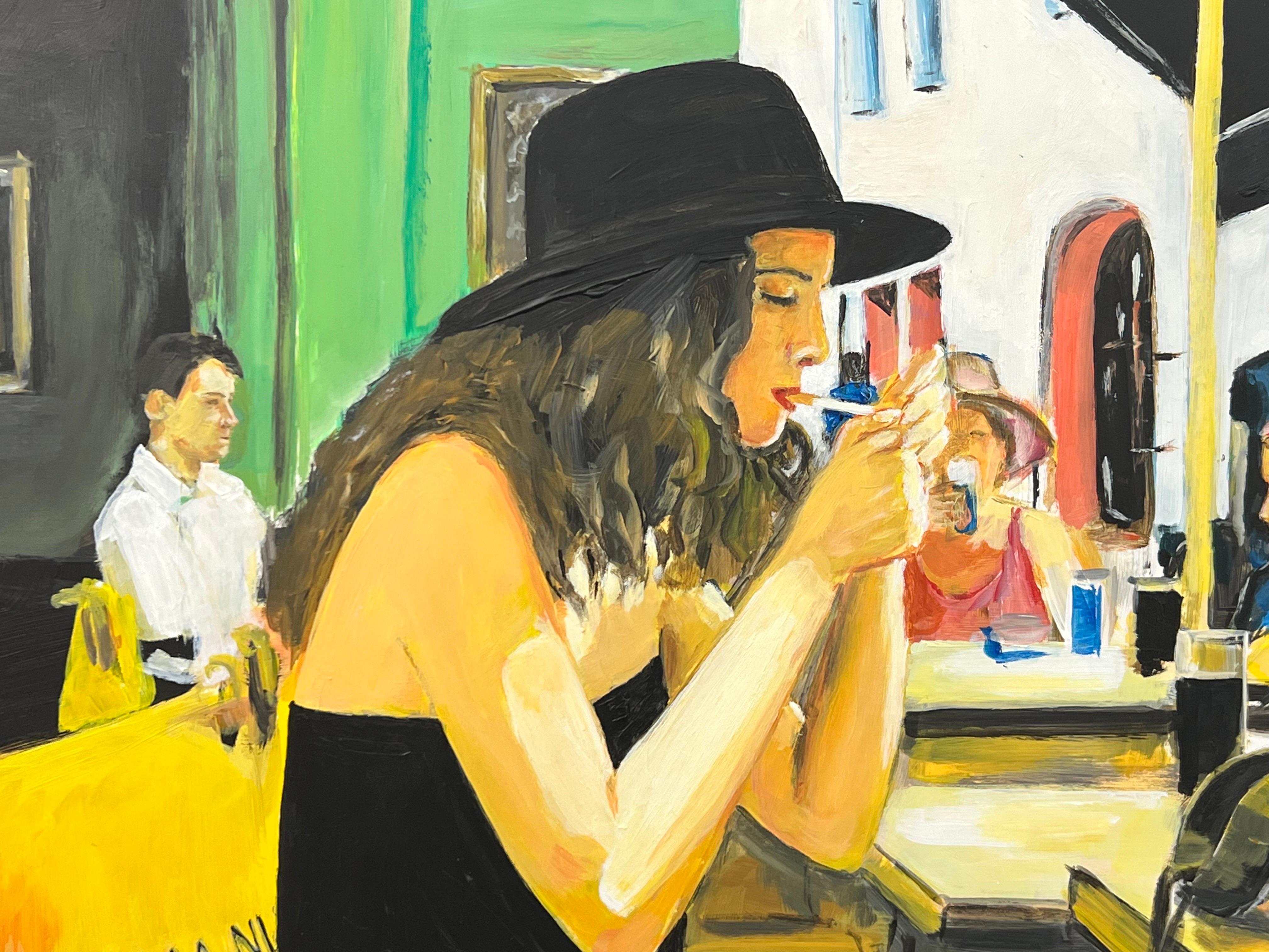 Woman Smoking at Le Cafe La Nuit in Arles, France by Contemporary British Artist For Sale 4