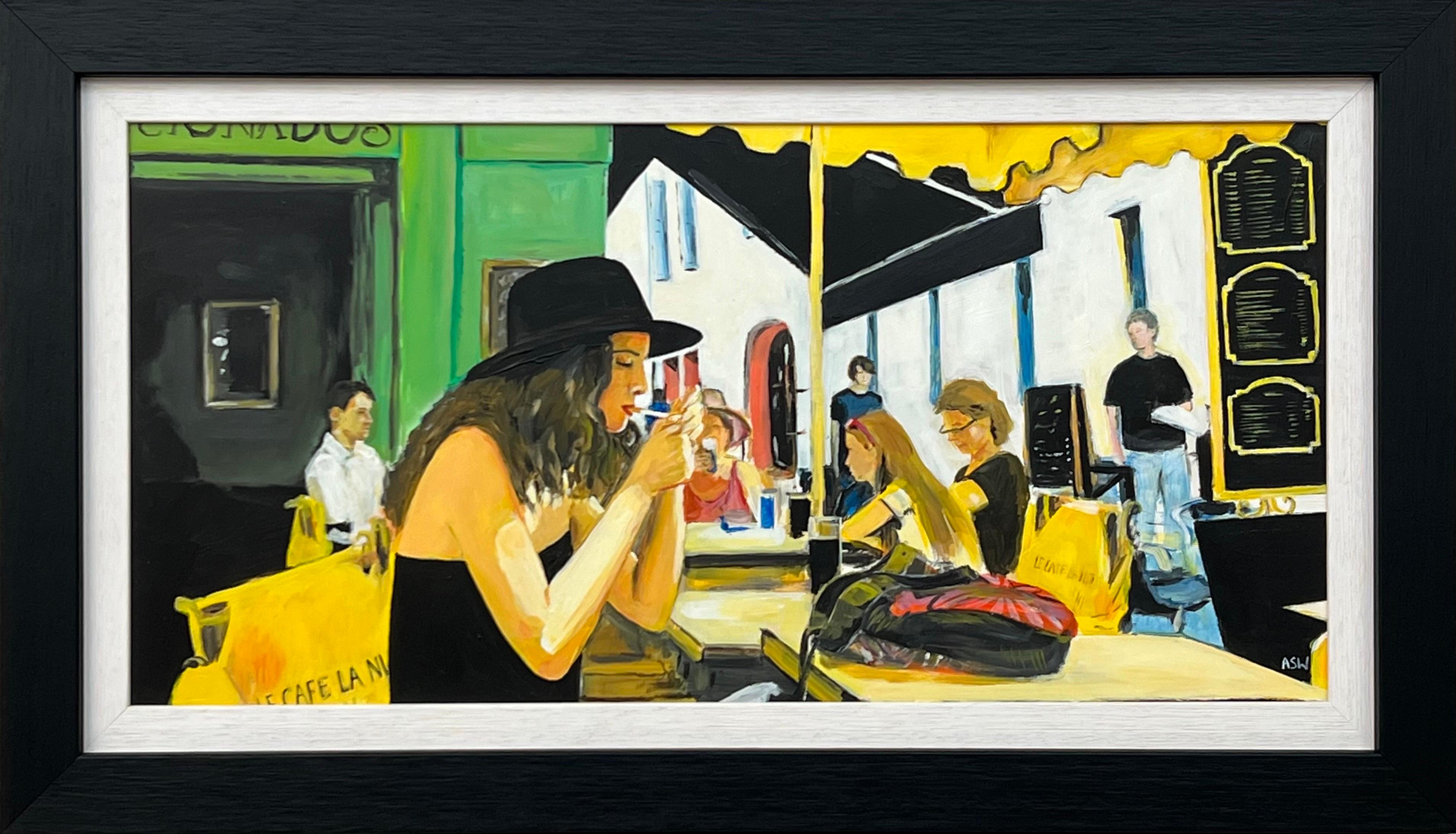 Figurative Painting Angela Wakefield - Woman Smoking at Le Cafe La Nuit in Arles, France, par l'artiste britannique contemporain