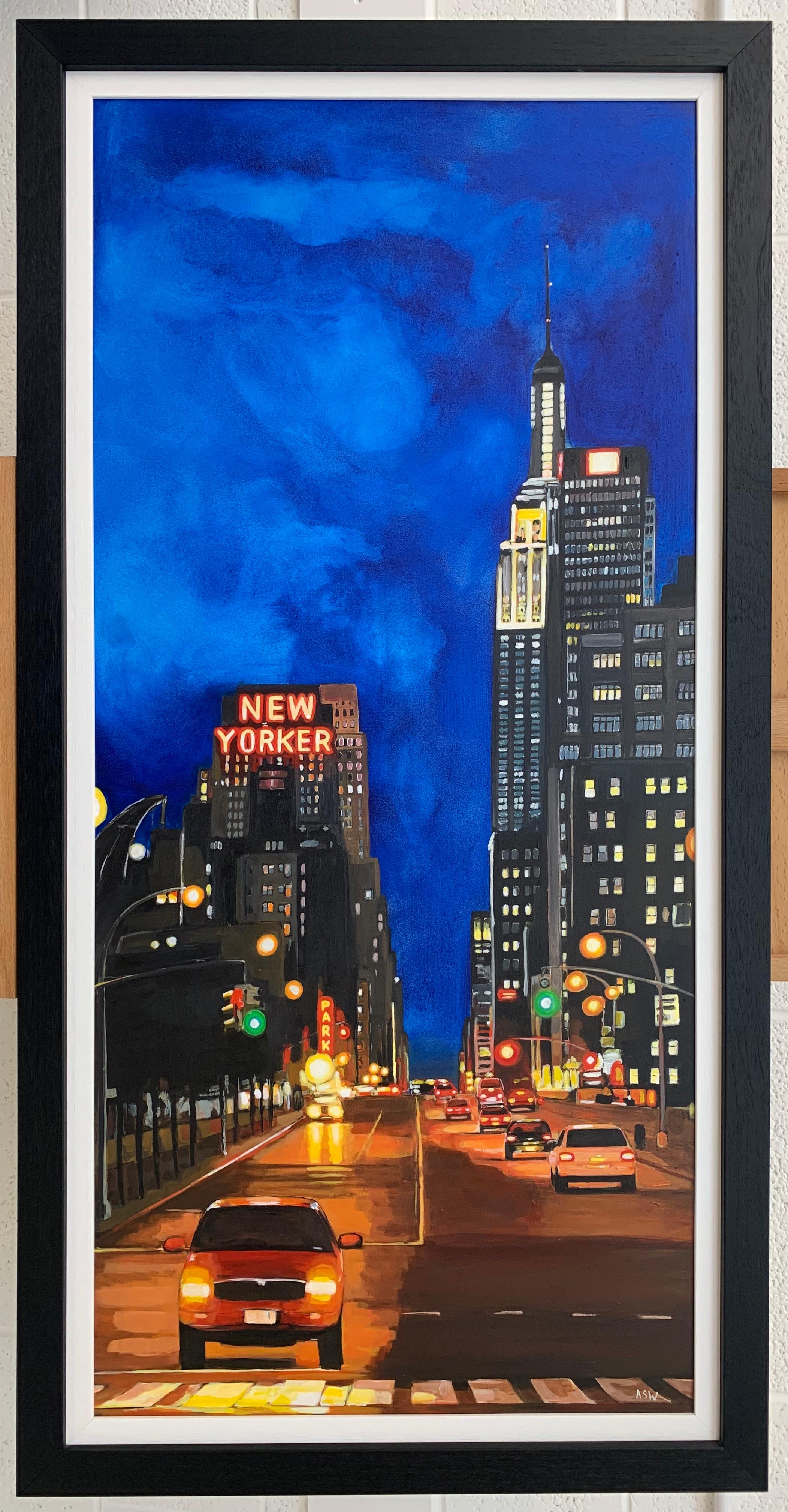 The New Yorker Hotel, 8th Avenue Manhattan, New York City, von britischem Urban Artist  (Violett), Landscape Painting, von Angela Wakefield