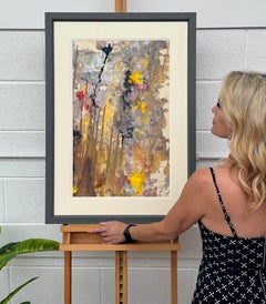Yellow & Black Abstract Expressionist Art, Mixed Media on Paper, Signed, 1999