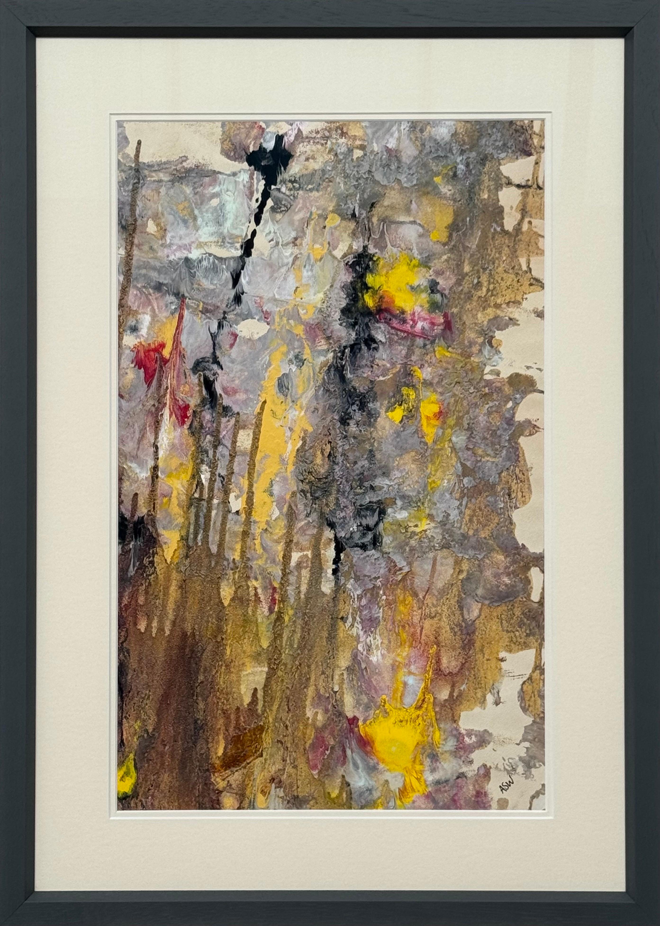 Yellow & Black Abstract Expressionist Art, Mixed Media on Paper, Signed, 1999