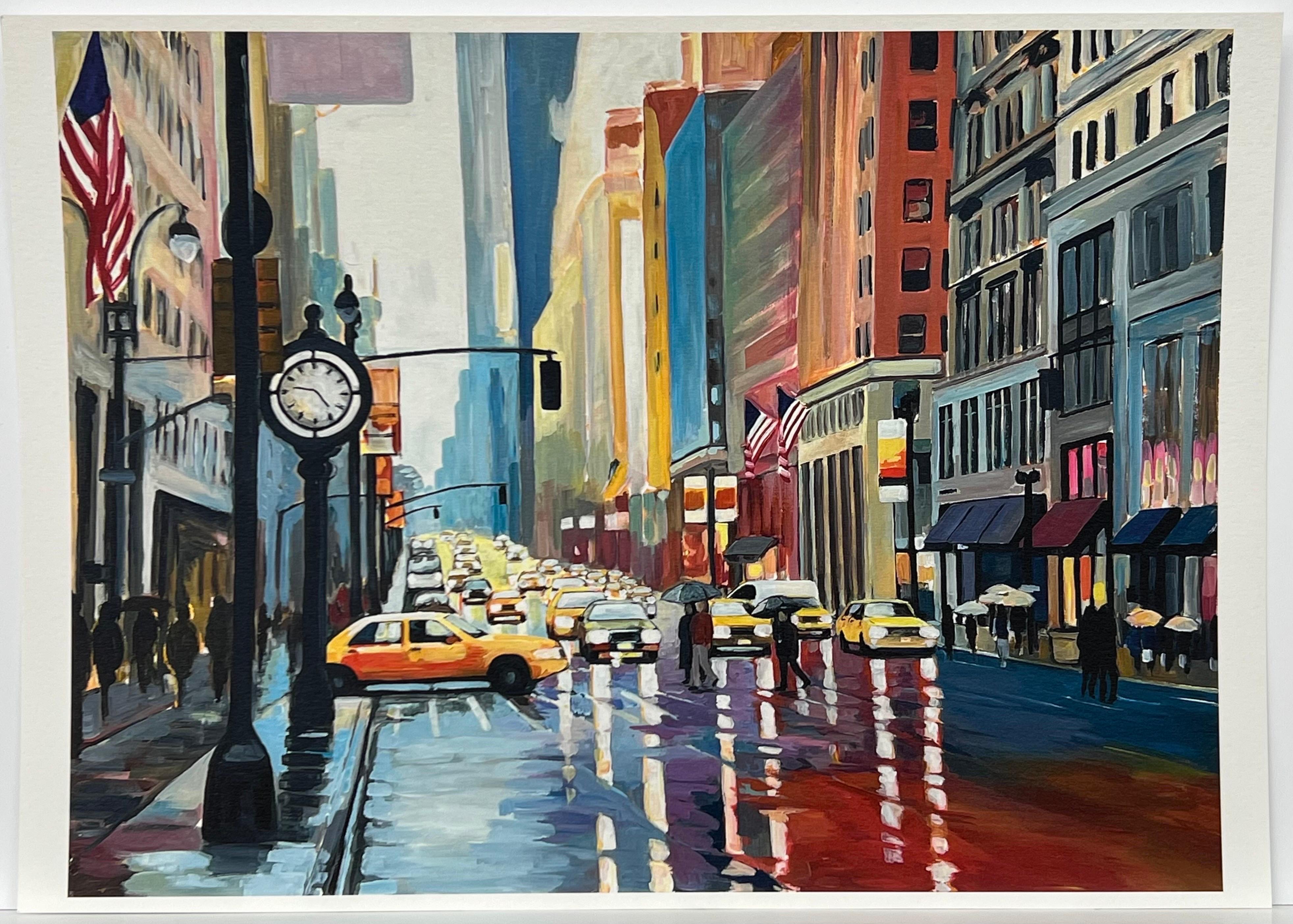 Hochwertiger Druck des New Yorker Regen III-Gemäldes des führenden britischen Stadtkünstlers – Print von Angela Wakefield