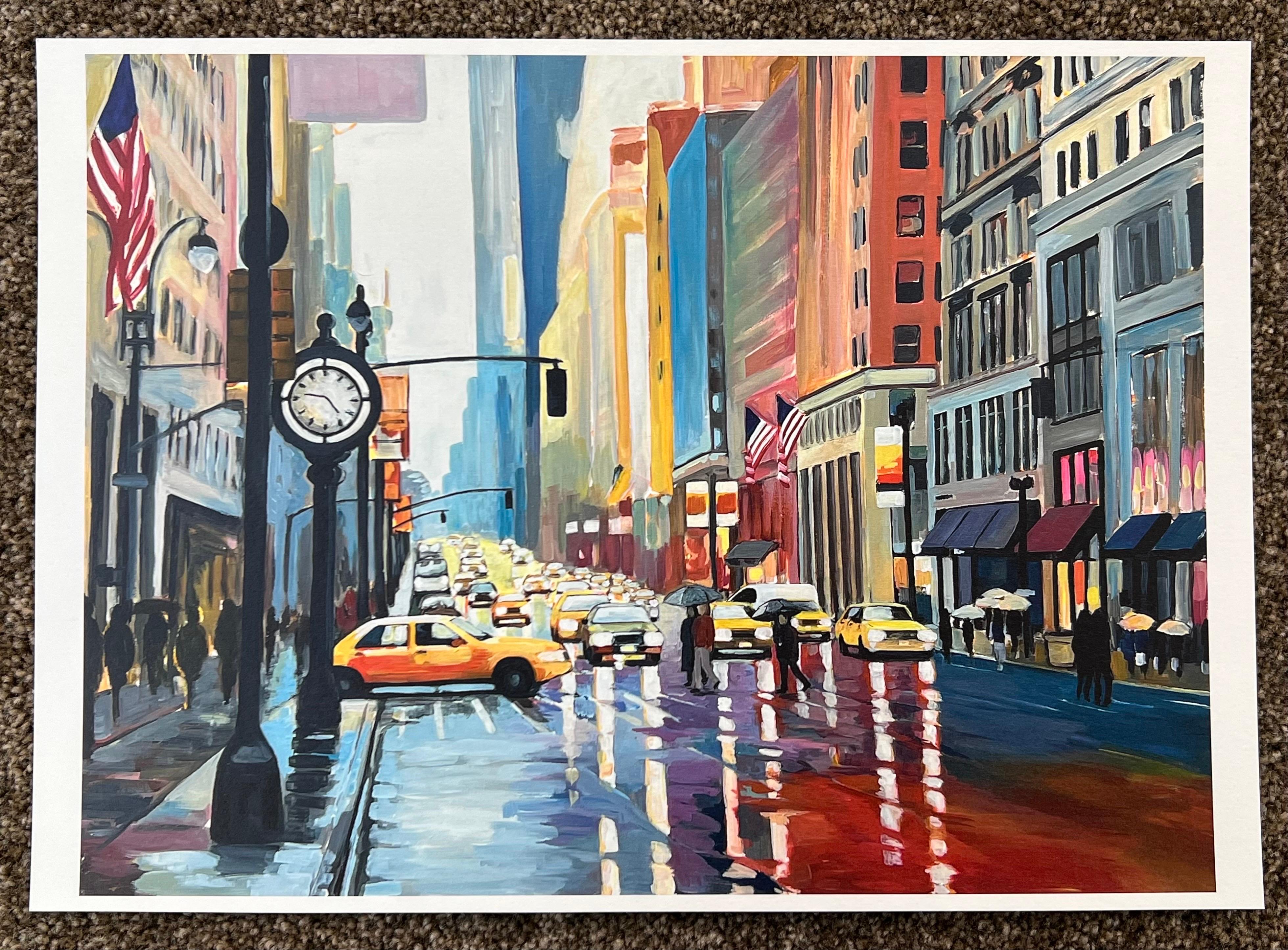 Hochwertiger Druck des New Yorker Regen III-Gemäldes des führenden britischen Stadtkünstlers im Angebot 2