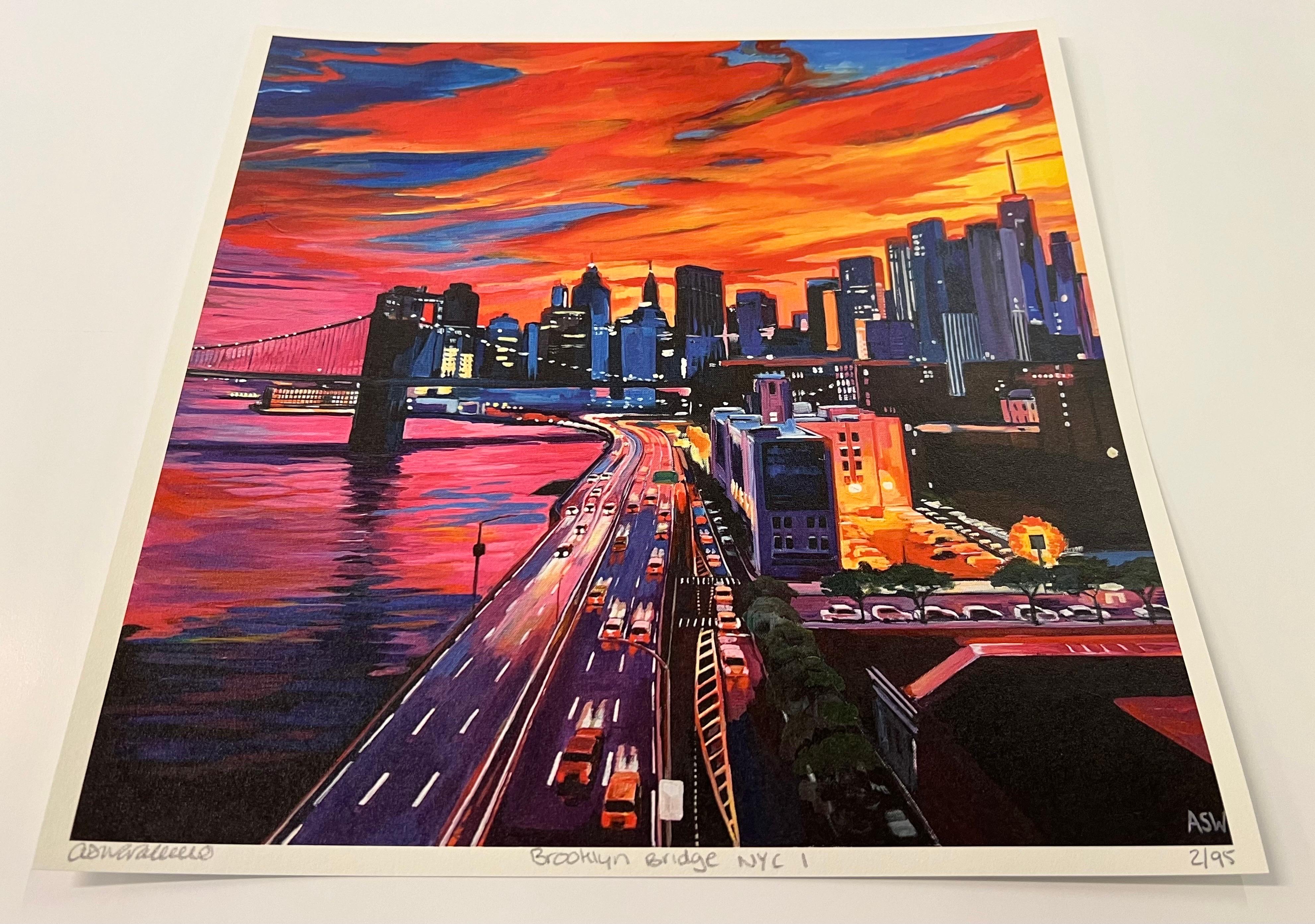 Impression en édition limitée du pont de Brooklyn New York City NYC Skyline États-Unis d'Amérique. Cette peinture représente la ligne d'horizon de New York avec le pont de Brooklyn sur fond d'un magnifique coucher de soleil orange et rouge depuis un