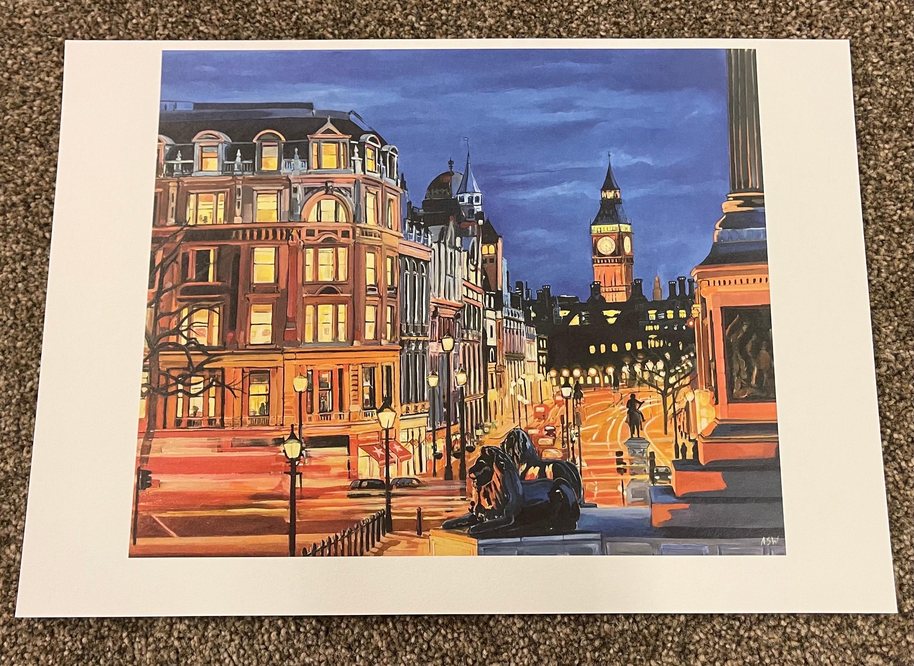 Limited Edition Print of Westminster from Trafalgar Square with Big Ben, London, by leading British urban landscape artist, Angela Wakefield.

Print measures 12.5 x 10.5 inches 
Paper Weight Heavy 250gsm
Paper Type Perlino Cotton 
Paper Size