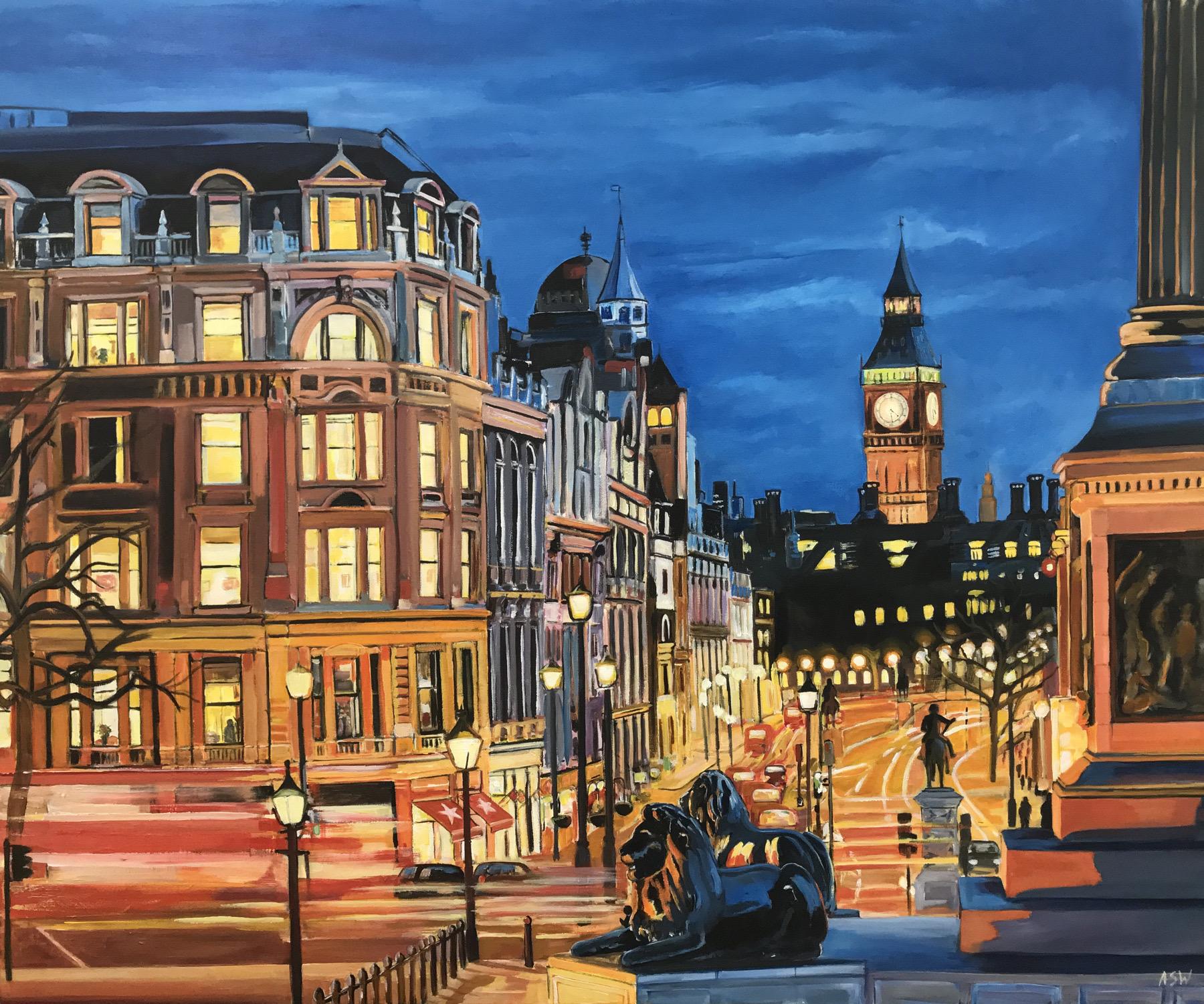 Gravure en édition limitée de Westminster depuis Trafalgar Square avec Big Ben, Londres, réalisée par Angela Wakefield, artiste britannique de premier plan dans le domaine des paysages urbains.

L'impression mesure 12.5 x 10.5 pouces 
Poids du