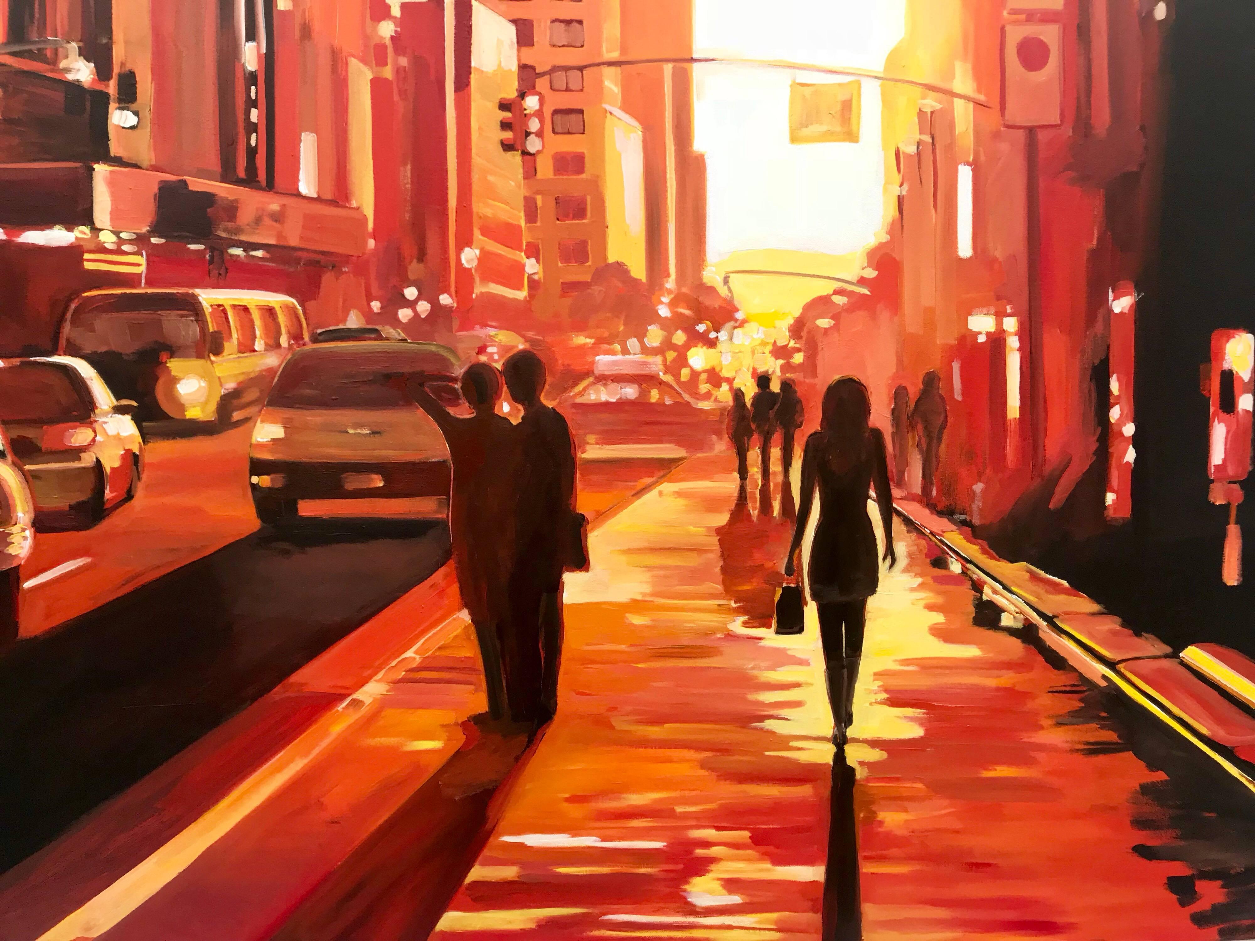 New York Sunshine Figurative Cityscape Limited Edition Print of 'New York Woman' - Cityscape Painting by Leading British Urban Landscape Artist. 'New York Woman' illustrates Angela Wakefield's ability to capture the behaviour of light within the