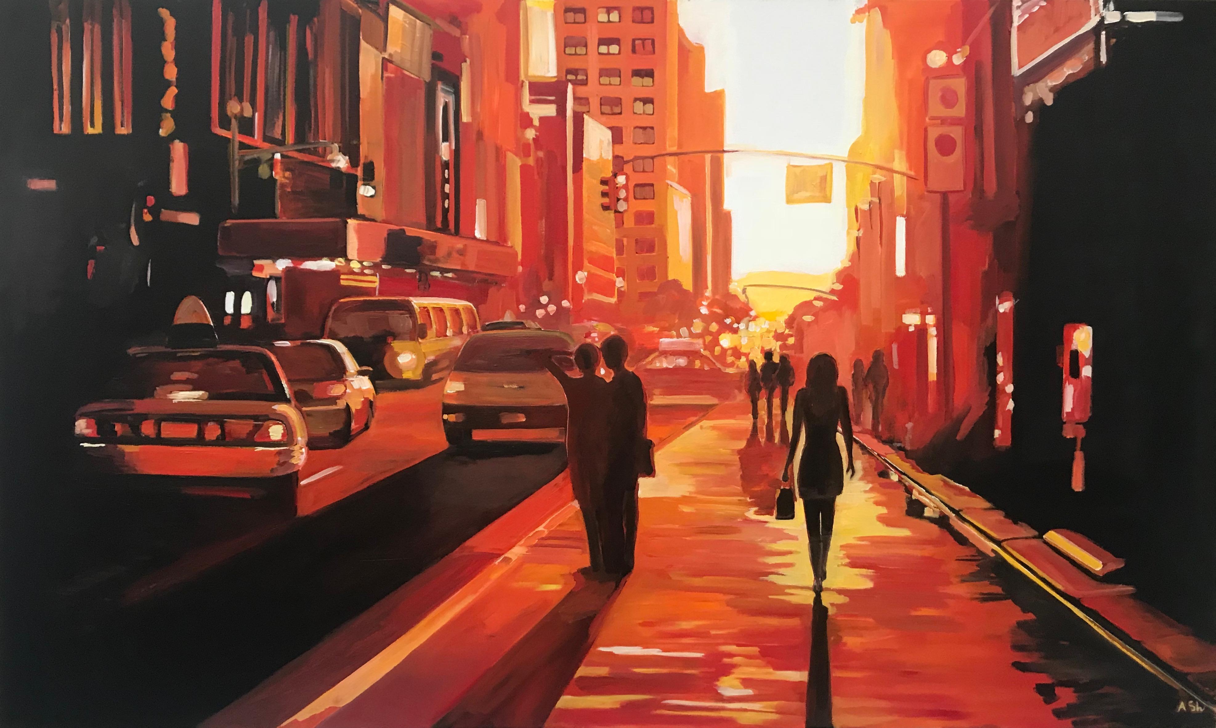 New York Sunshine Figurative Cityscape Limited Edition Print of 'New York Woman' - Cityscape Painting by Leading British Urban Landscape Artist. New York Woman