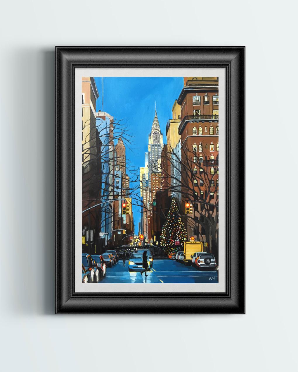 Painting of Christmas in New York with Chrysler Building by British Urban Artist - Print by Angela Wakefield